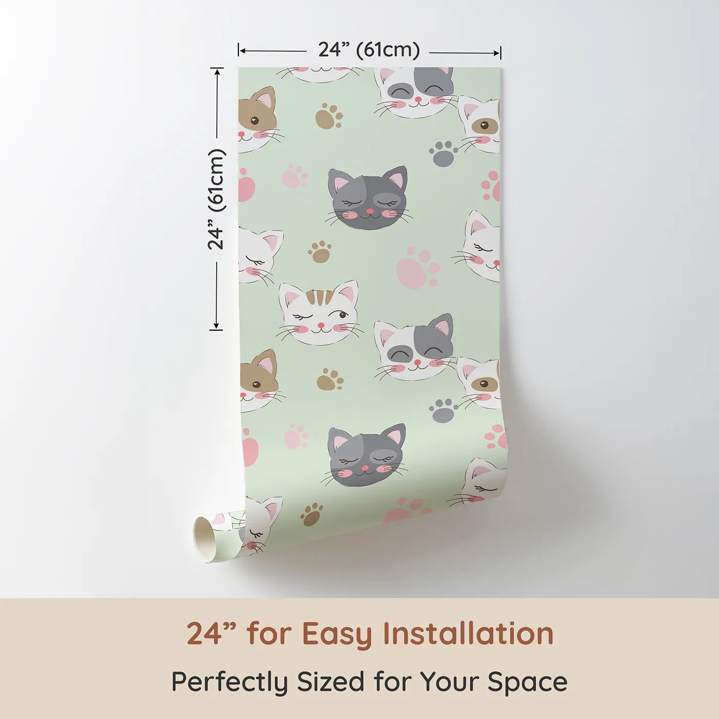 Dimension view of Whimsy Tots Whisker Wink Kitty Wallpaper in Mint Green (W3101C). Printed in 24-inch-wide panel for easy installation. Cheeky cat faces and pawprints spark playful grins.