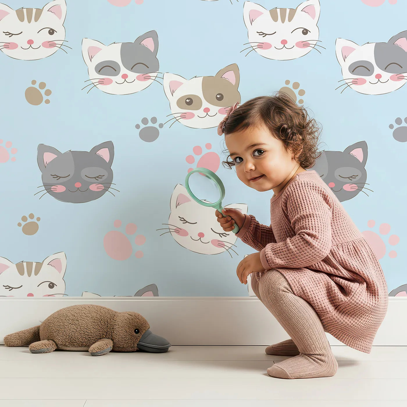 Lovely child standing in front of Whimsy Tots Whisker Wink Kitty Wallpaper in Sky Blue with cat, pawprint, whisker, smile in design.