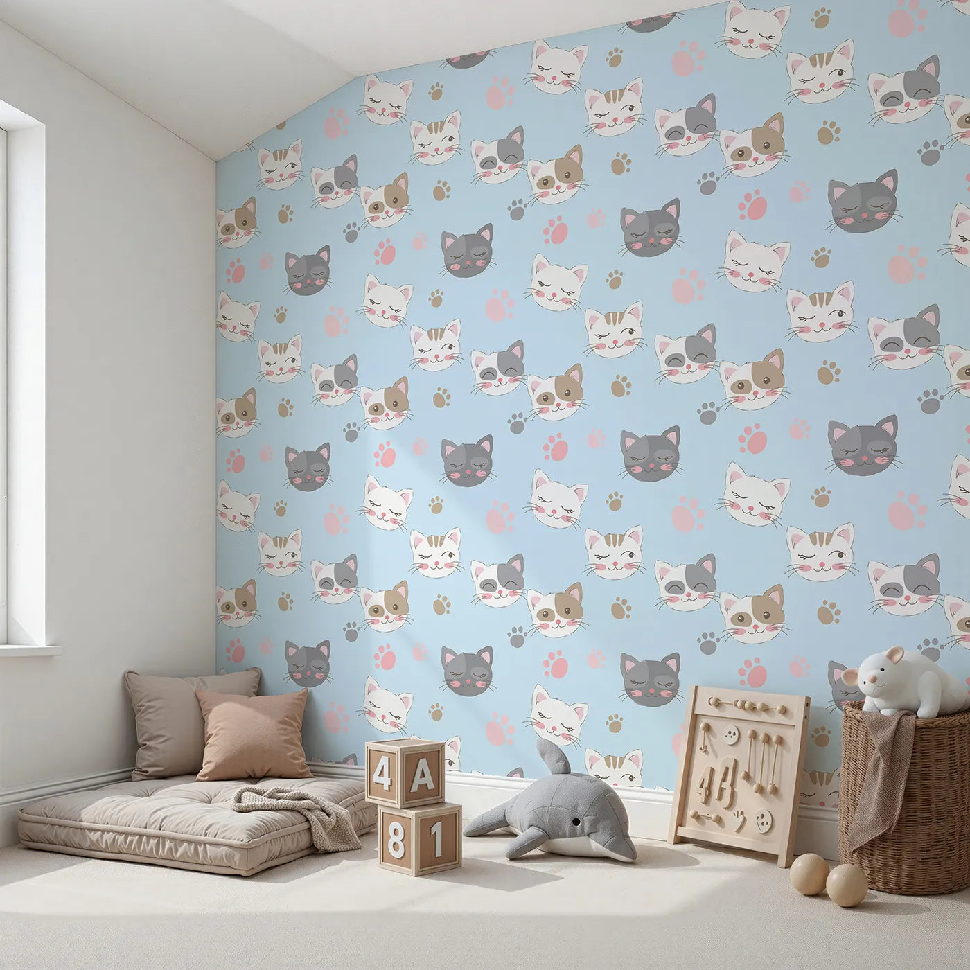 Angled view of Whimsy Tots' Whisker Wink Kitty Wallpaper in Sky Blue (W3101D).Cheeky cat faces and pawprints spark playful grins.