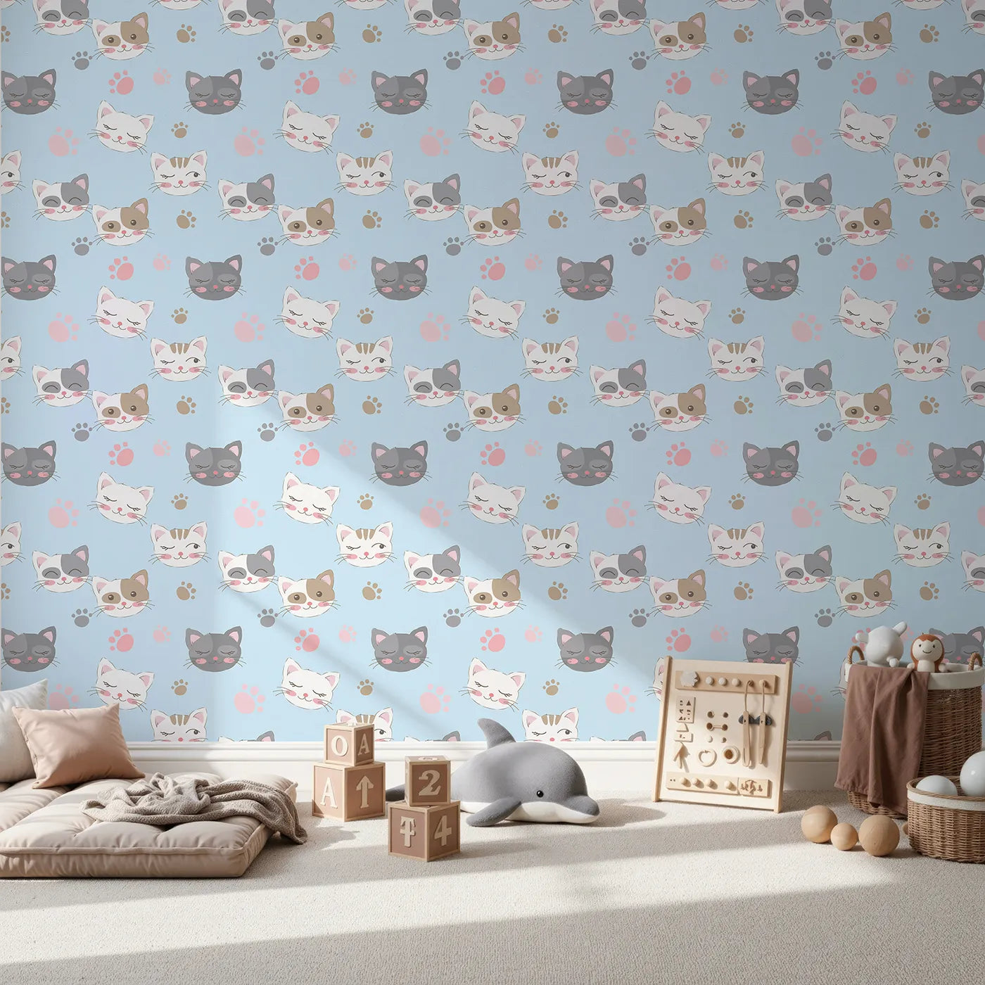 Front view of Whimsy Tots' Whisker Wink Kitty Wallpaper in Sky Blue