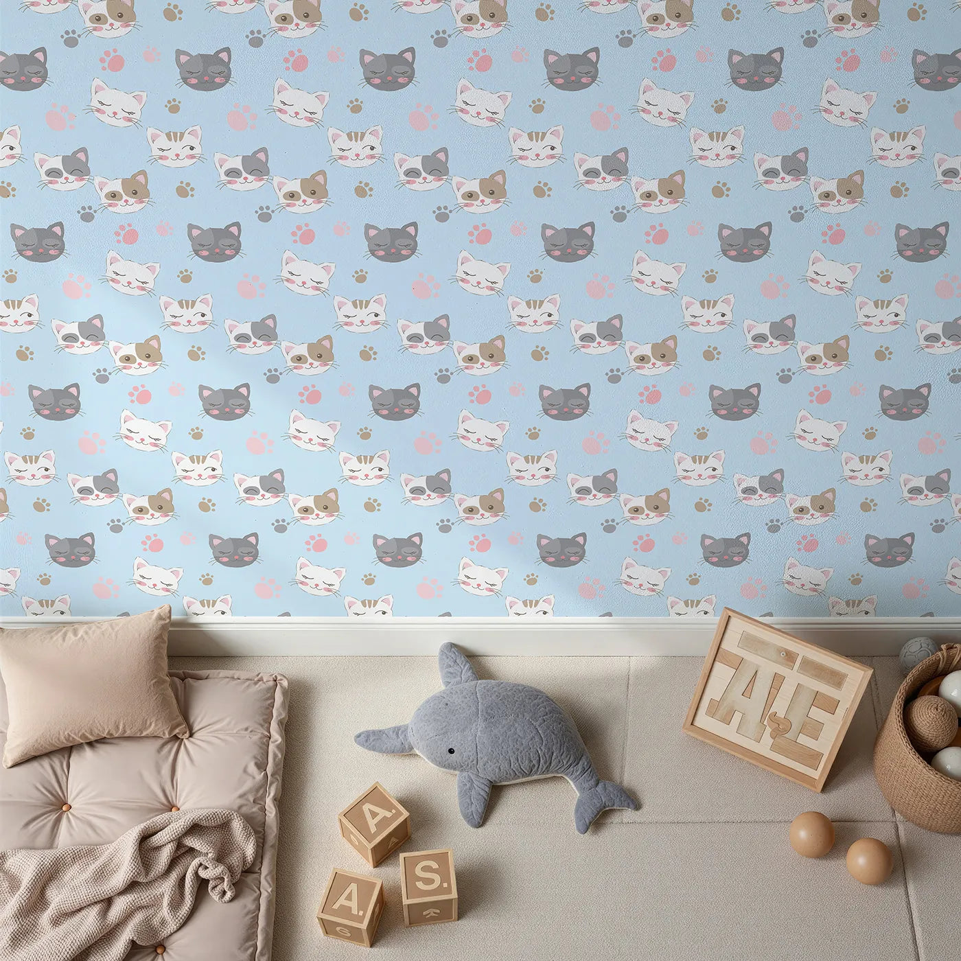 Top-Down view of Whimsy Tots' Whisker Wink Kitty Wallpaper in Sky Blue (W3101D).Cheeky cat faces and pawprints spark playful grins.