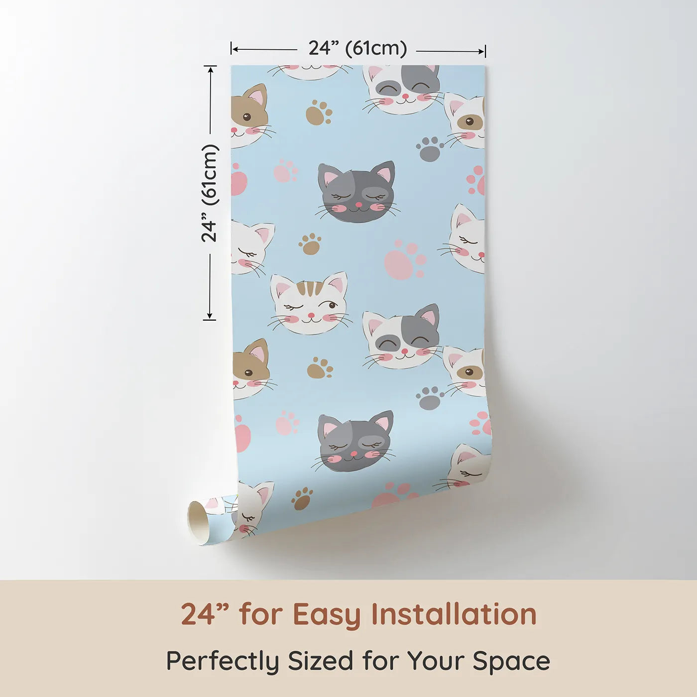 Dimension view of Whimsy Tots Whisker Wink Kitty Wallpaper in Sky Blue (W3101D). Printed in 24-inch-wide panel for easy installation. Cheeky cat faces and pawprints spark playful grins.