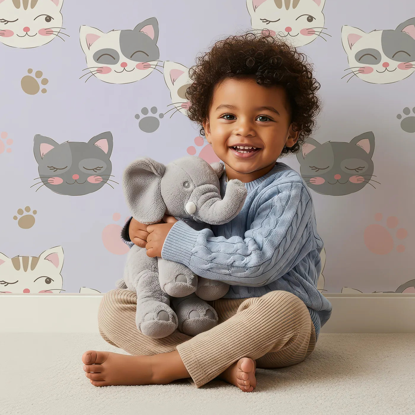 Lovely child standing in front of Whimsy Tots Whisker Wink Kitty Wallpaper in Lavender Purple with cat, pawprint, whisker, smile in design.