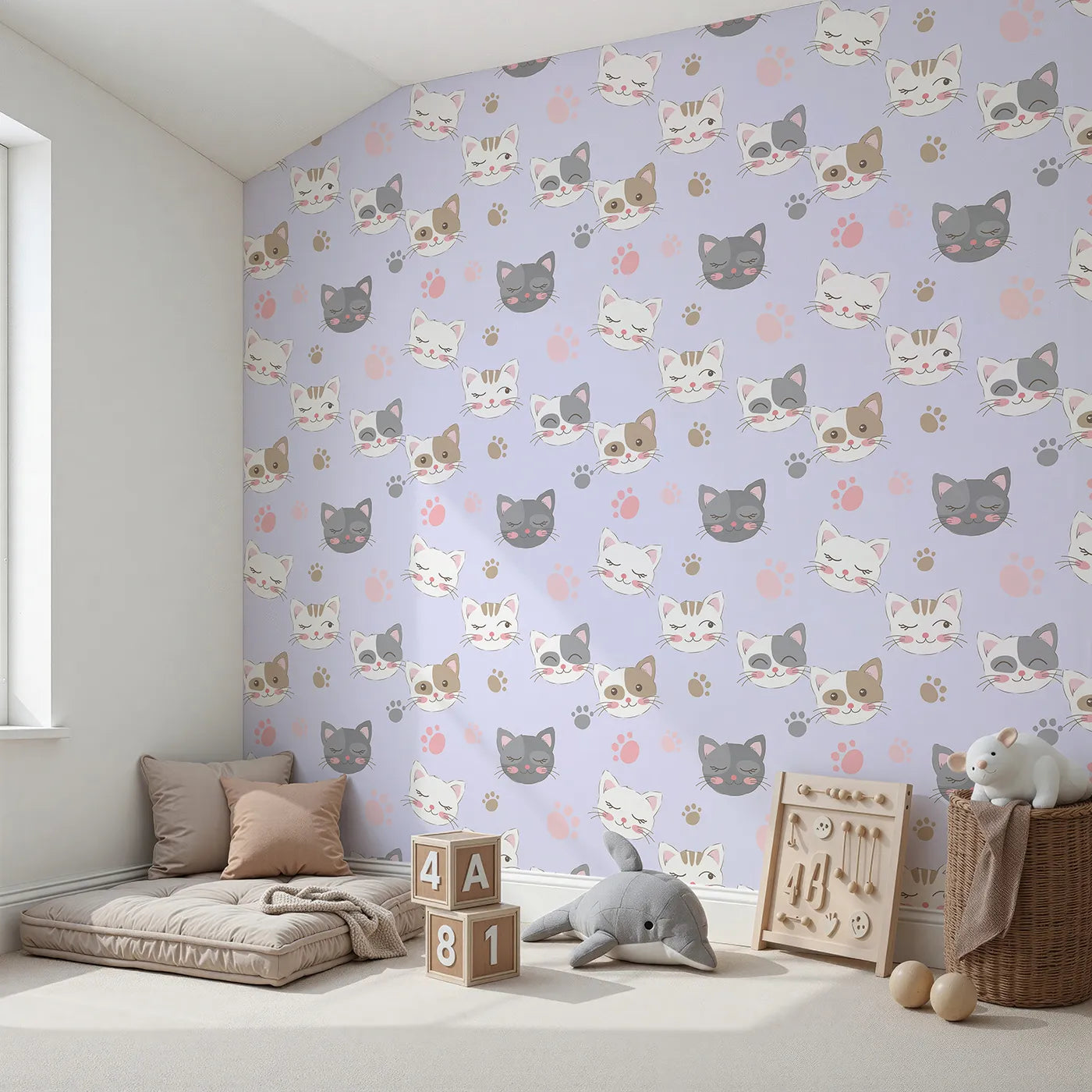 Angled view of Whimsy Tots' Whisker Wink Kitty Wallpaper in Lavender Purple (W3101E).Cheeky cat faces and pawprints spark playful grins.