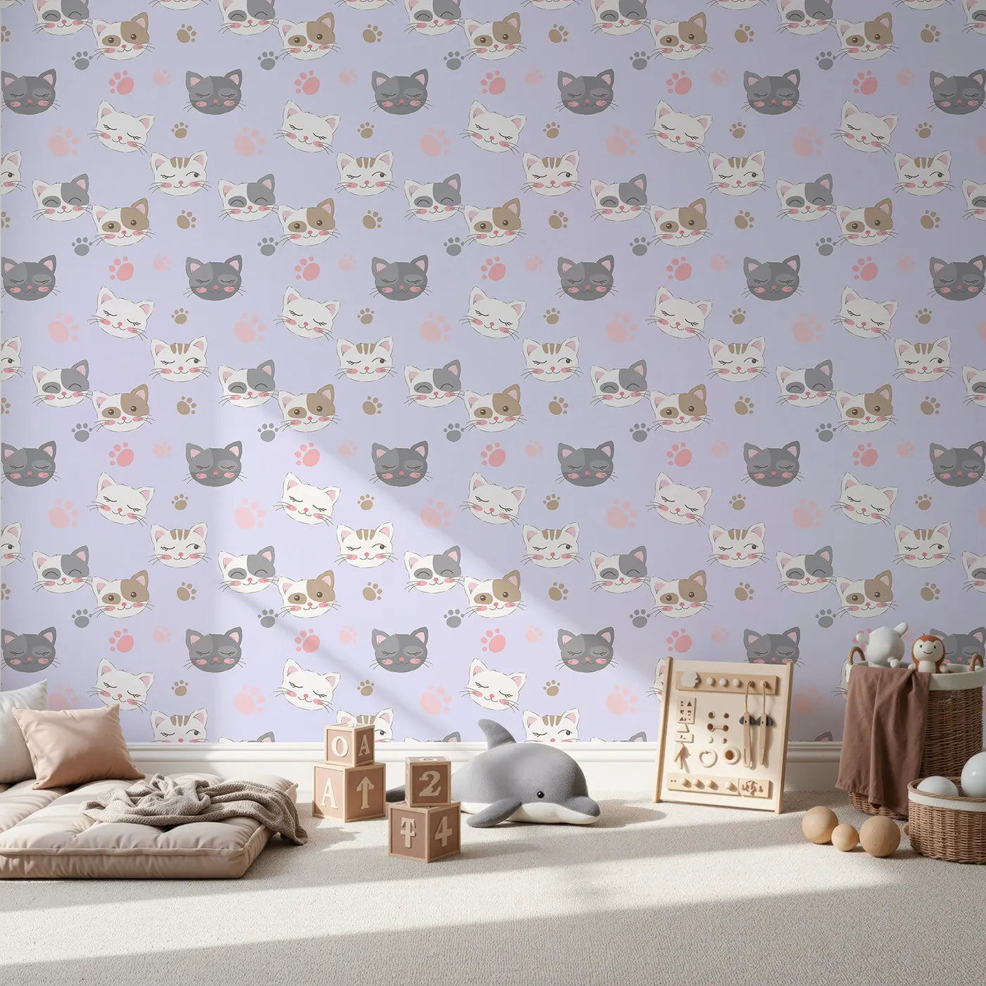 Front view of Whimsy Tots' Whisker Wink Kitty Wallpaper in Lavender Purple
