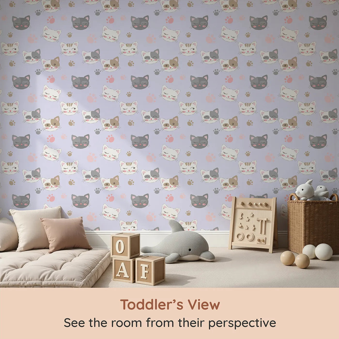 Whimsy Tots Whisker Wink Kitty Wallpaper in Lavender Purple (W3101E) from your child's view.Cheeky cat faces and pawprints spark playful grins.