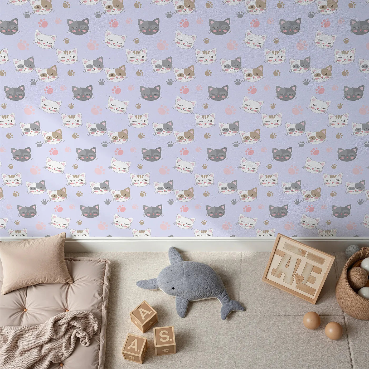 Top-Down view of Whimsy Tots' Whisker Wink Kitty Wallpaper in Lavender Purple (W3101E).Cheeky cat faces and pawprints spark playful grins.