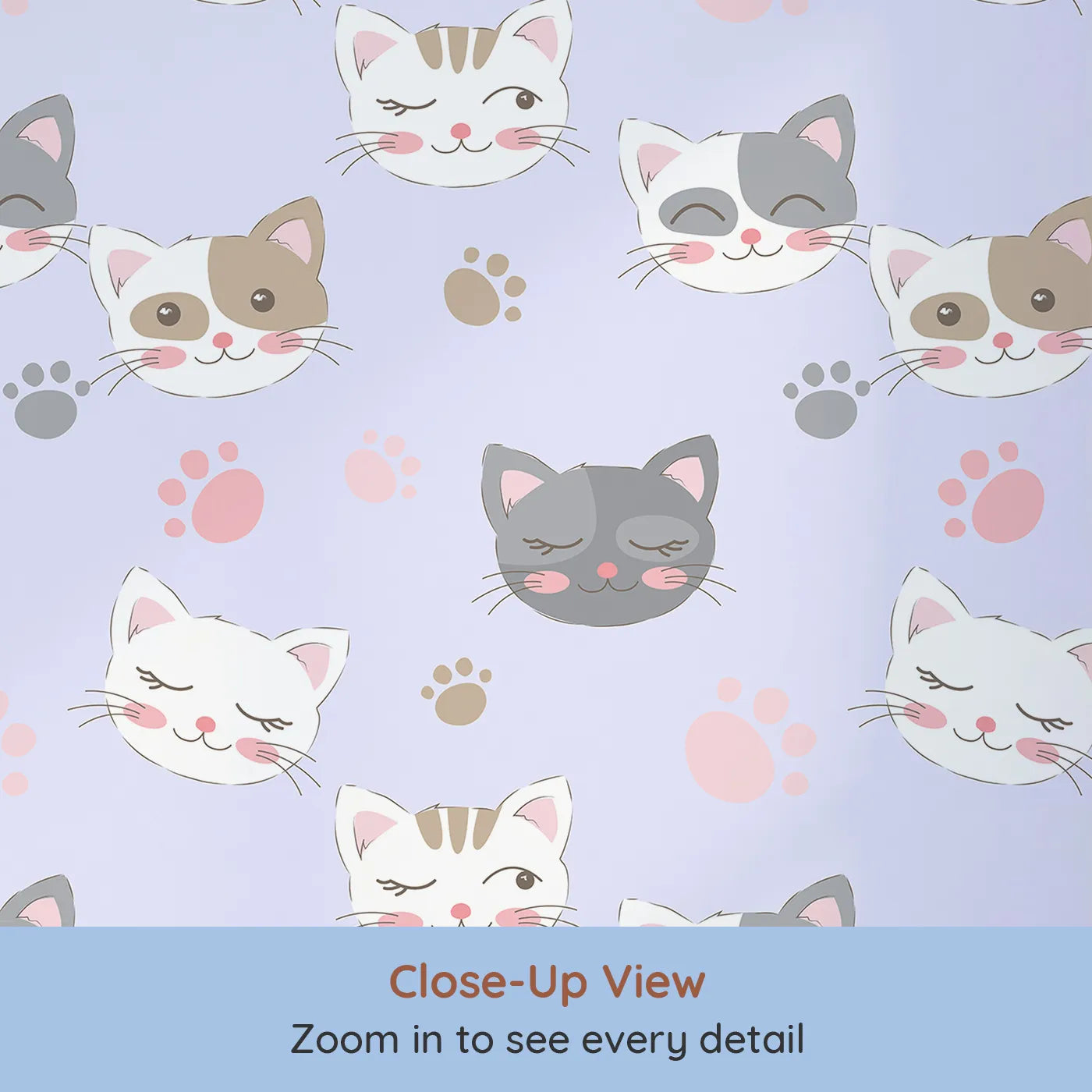 Close-up view of Whimsy Tots' Whisker Wink Kitty Wallpaper in Lavender Purple (W3101E).Cheeky cat faces and pawprints spark playful grins.