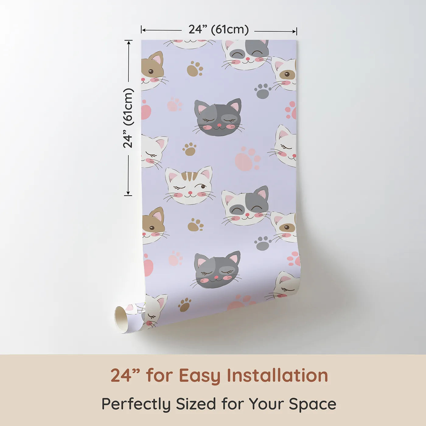 Dimension view of Whimsy Tots Whisker Wink Kitty Wallpaper in Lavender Purple (W3101E). Printed in 24-inch-wide panel for easy installation. Cheeky cat faces and pawprints spark playful grins.