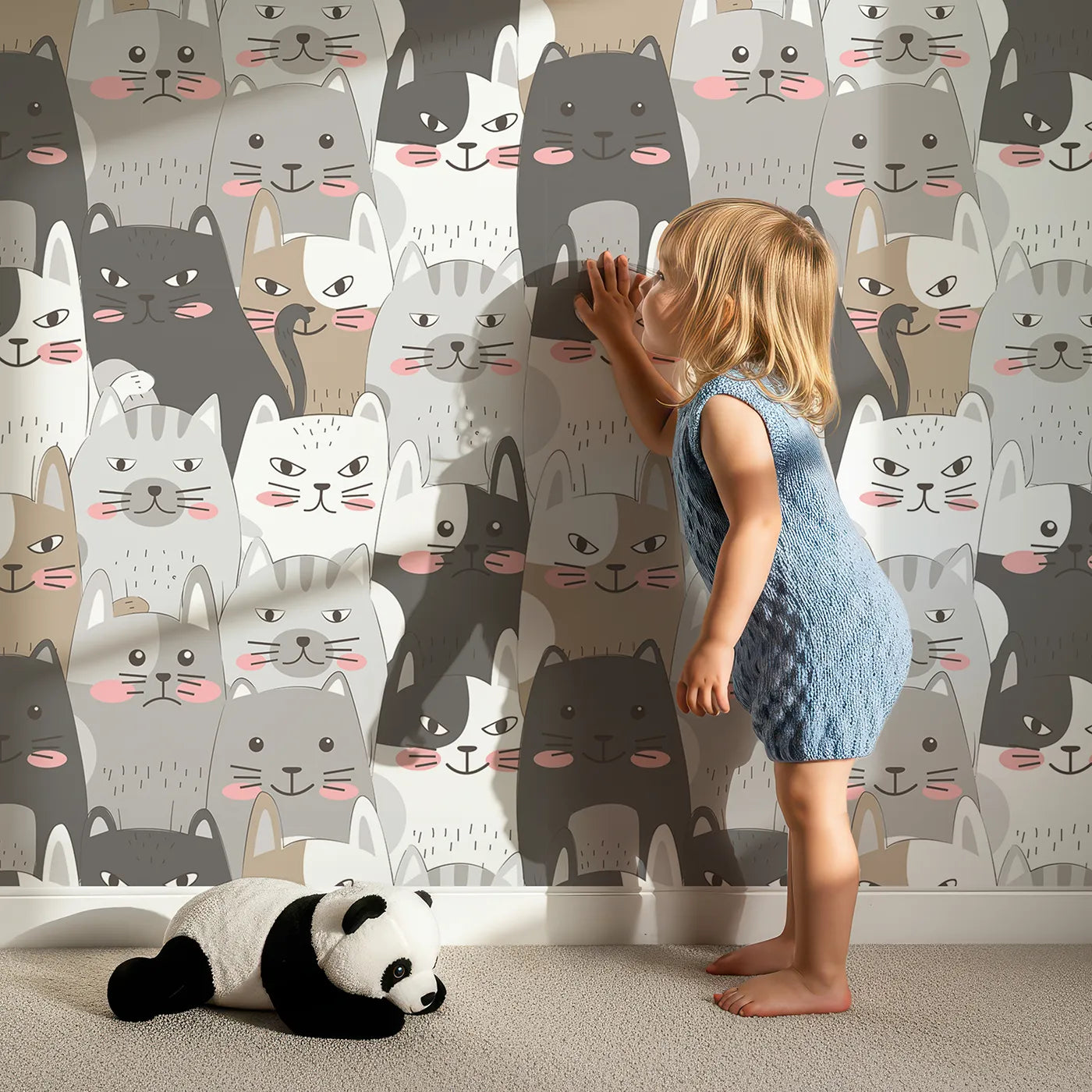 Lovely child standing in front of Whimsy Tots Grumpy Cat Crowd Wallpaper in Monochrome Neutrals with cat, face, whisker, expression in design.