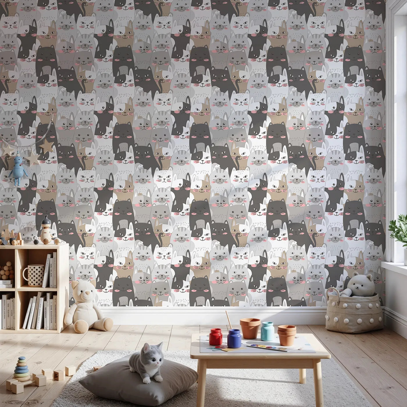 Front view of Whimsy Tots' Grumpy Cat Crowd Wallpaper in Monochrome Neutrals