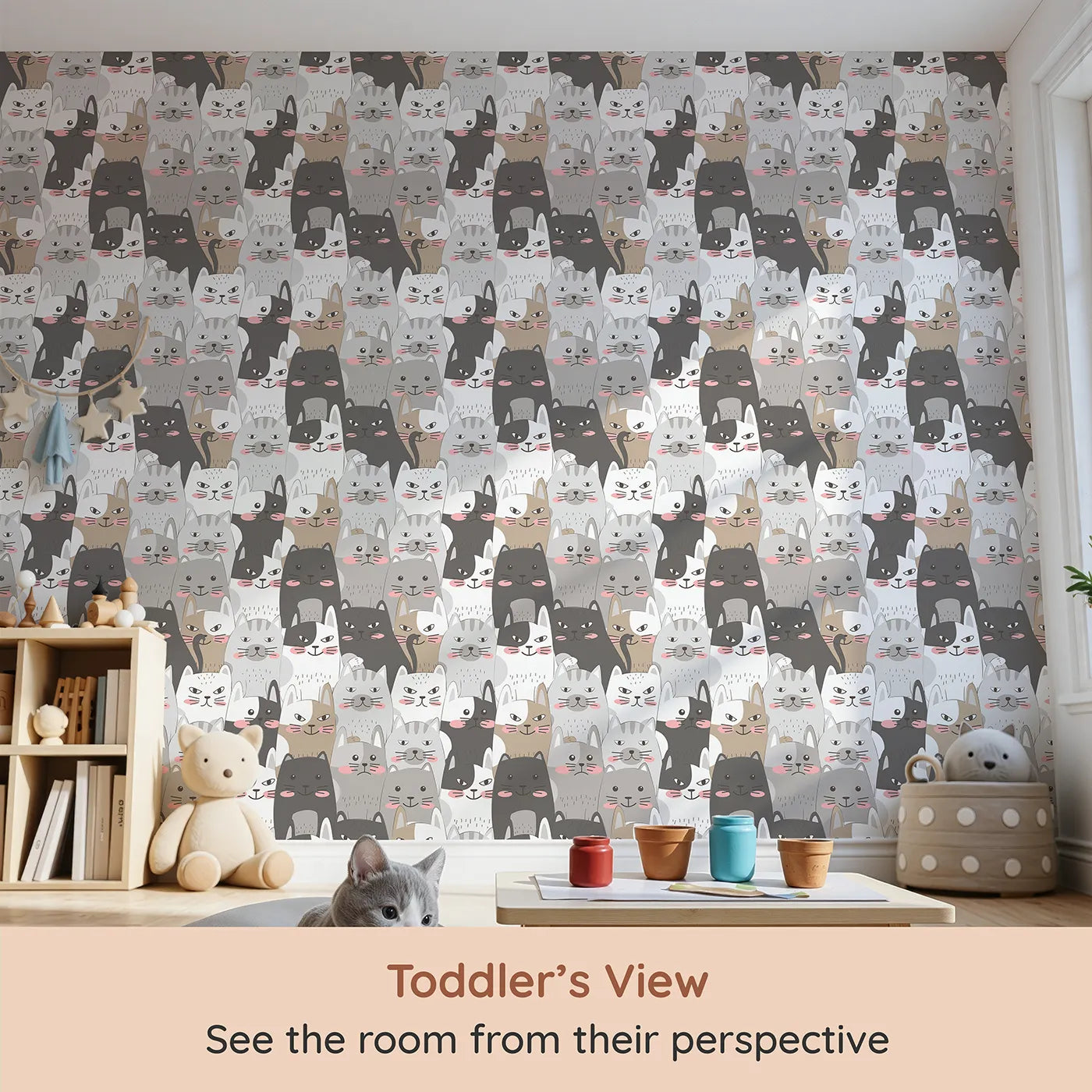 Whimsy Tots Grumpy Cat Crowd Wallpaper in Monochrome Neutrals (W3102) from your child's view.A sea of expressive cats fills the walls with charm, sass, and whiskers galore.
