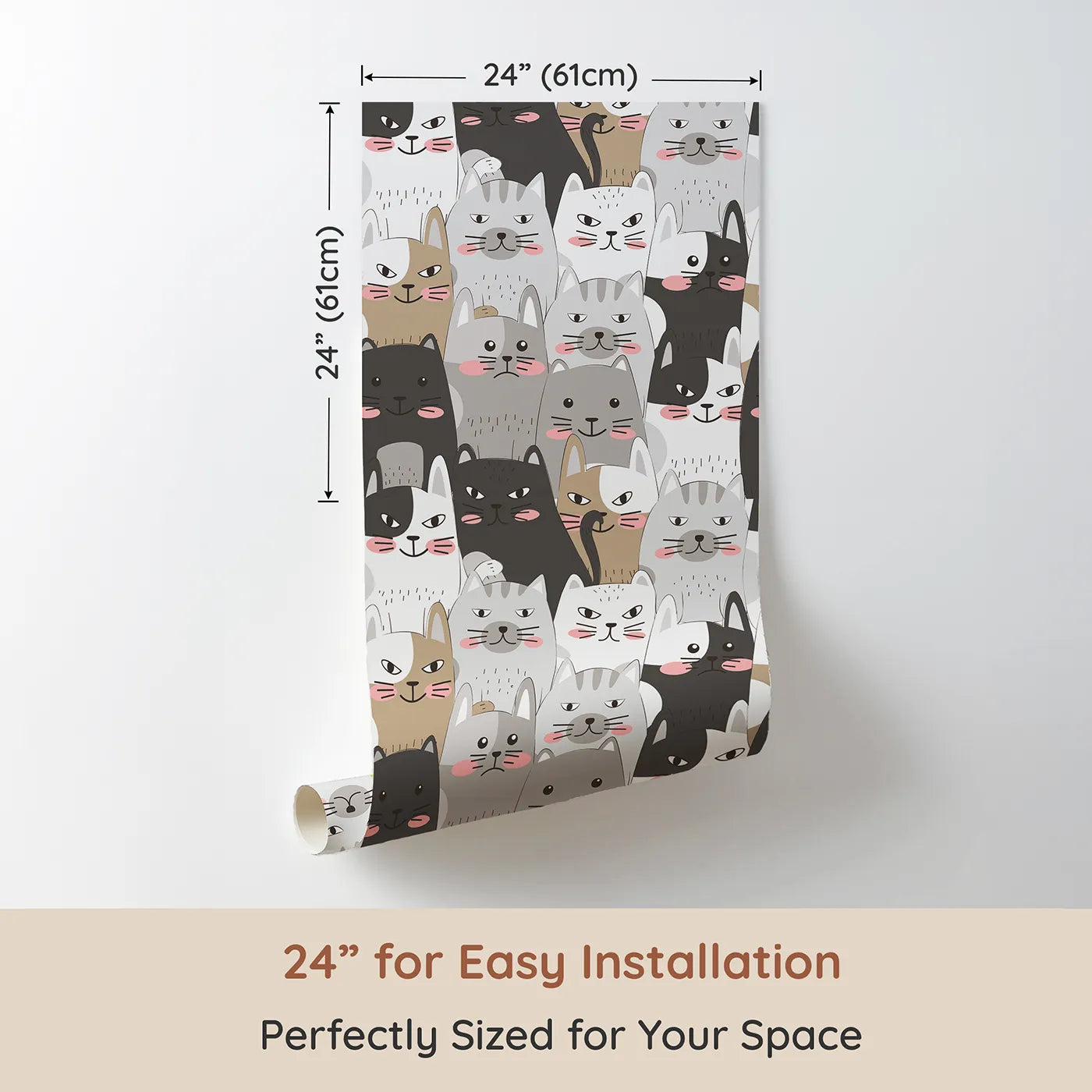 Dimension view of Whimsy Tots Grumpy Cat Crowd Wallpaper in Monochrome Neutrals (W3102). Printed in 24-inch-wide panel for easy installation. A sea of expressive cats fills the walls with charm, sass, and whiskers galore.