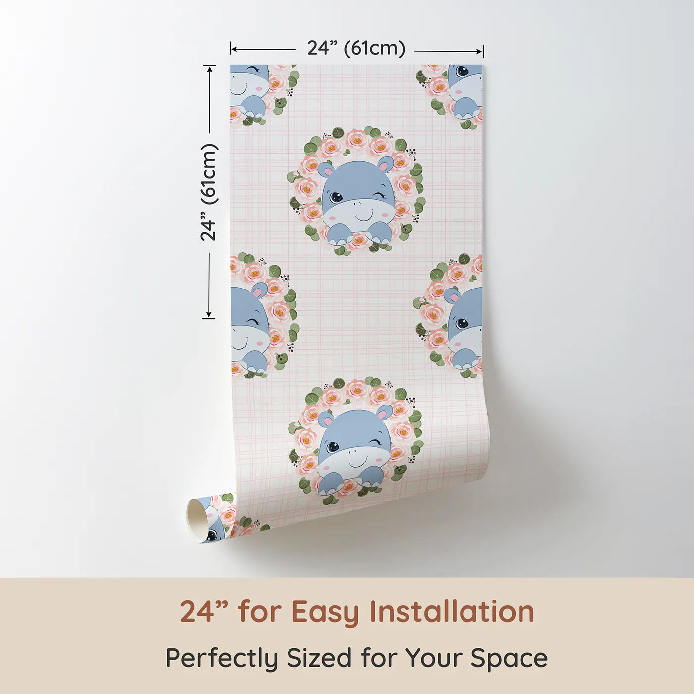 Dimension view of Whimsy Tots Blossom Hippo Winks Wallpaper in Pink Garden (W3103A). Printed in 24-inch-wide panel for easy installation. A sweet blue hippo peeks through rose wreaths with a wink and a giggle.