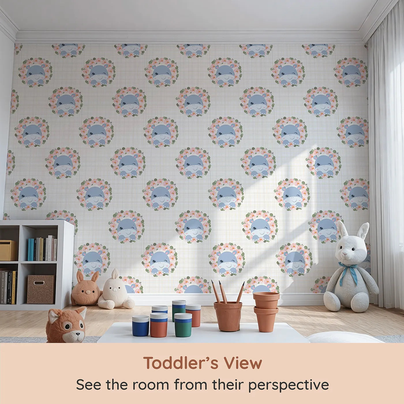Whimsy Tots Blossom Hippo Winks Wallpaper in Buttercream Plaid (W3103B) from your child's view.This playful hippo winks from inside a ring of roses and love.