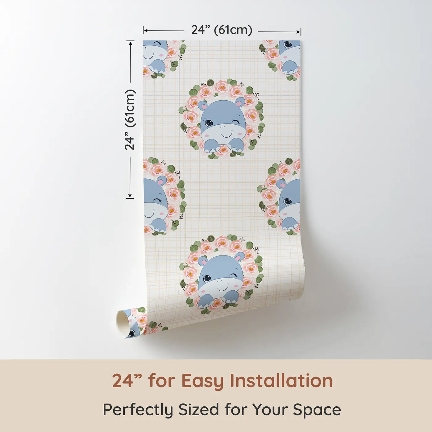 Dimension view of Whimsy Tots Blossom Hippo Winks Wallpaper in Buttercream Plaid (W3103B). Printed in 24-inch-wide panel for easy installation. This playful hippo winks from inside a ring of roses and love.