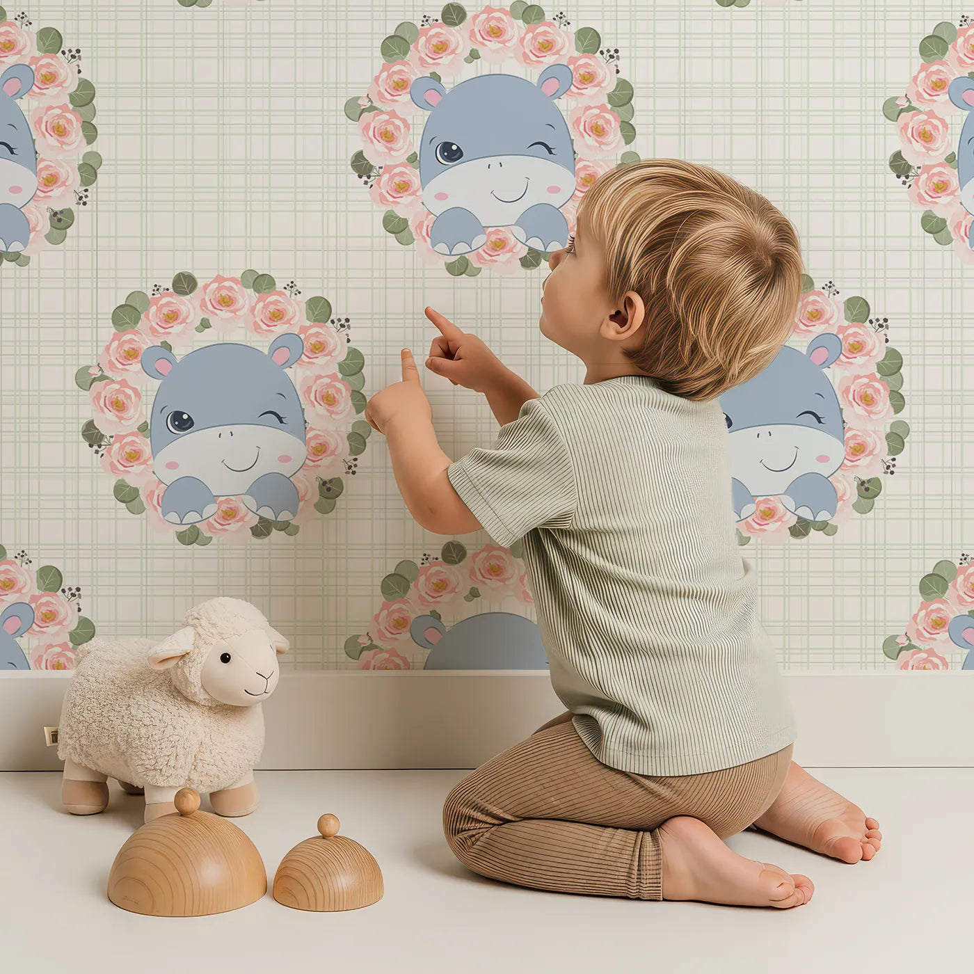 Lovely child standing in front of Whimsy Tots Blossom Hippo Winks Wallpaper in Mint Plaid Green with hippo, flower, wreath, plaid in design.