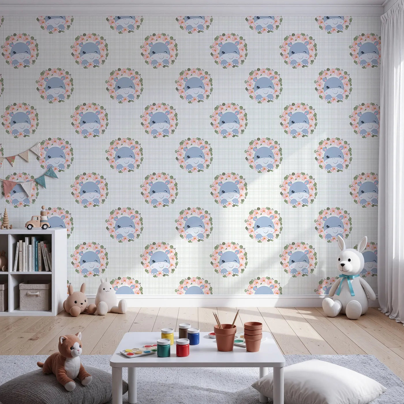 Front view of Whimsy Tots' Blossom Hippo Winks Wallpaper in Mint Plaid Green