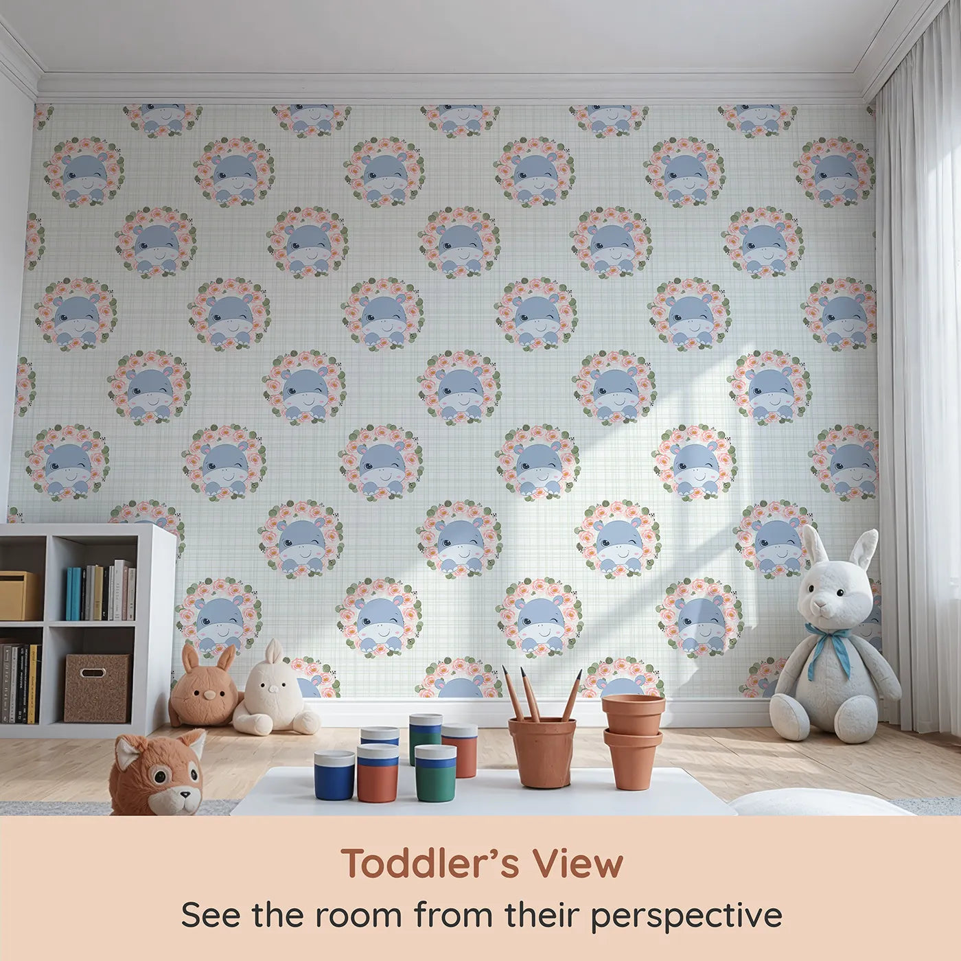 Whimsy Tots Blossom Hippo Winks Wallpaper in Mint Plaid Green (W3103C) from your child's view.Blue hippos and rosy florals bloom over soft green plaid.