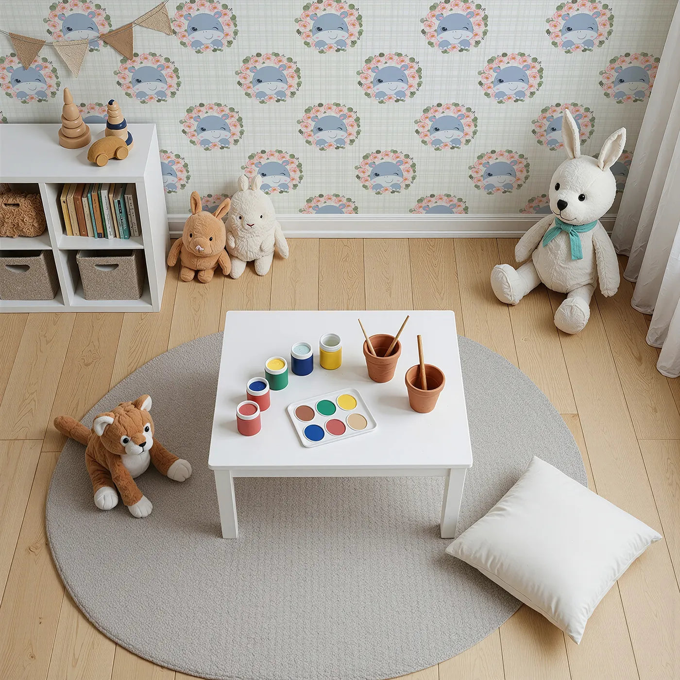 Top-Down view of Whimsy Tots' Blossom Hippo Winks Wallpaper in Mint Plaid Green (W3103C).Blue hippos and rosy florals bloom over soft green plaid.