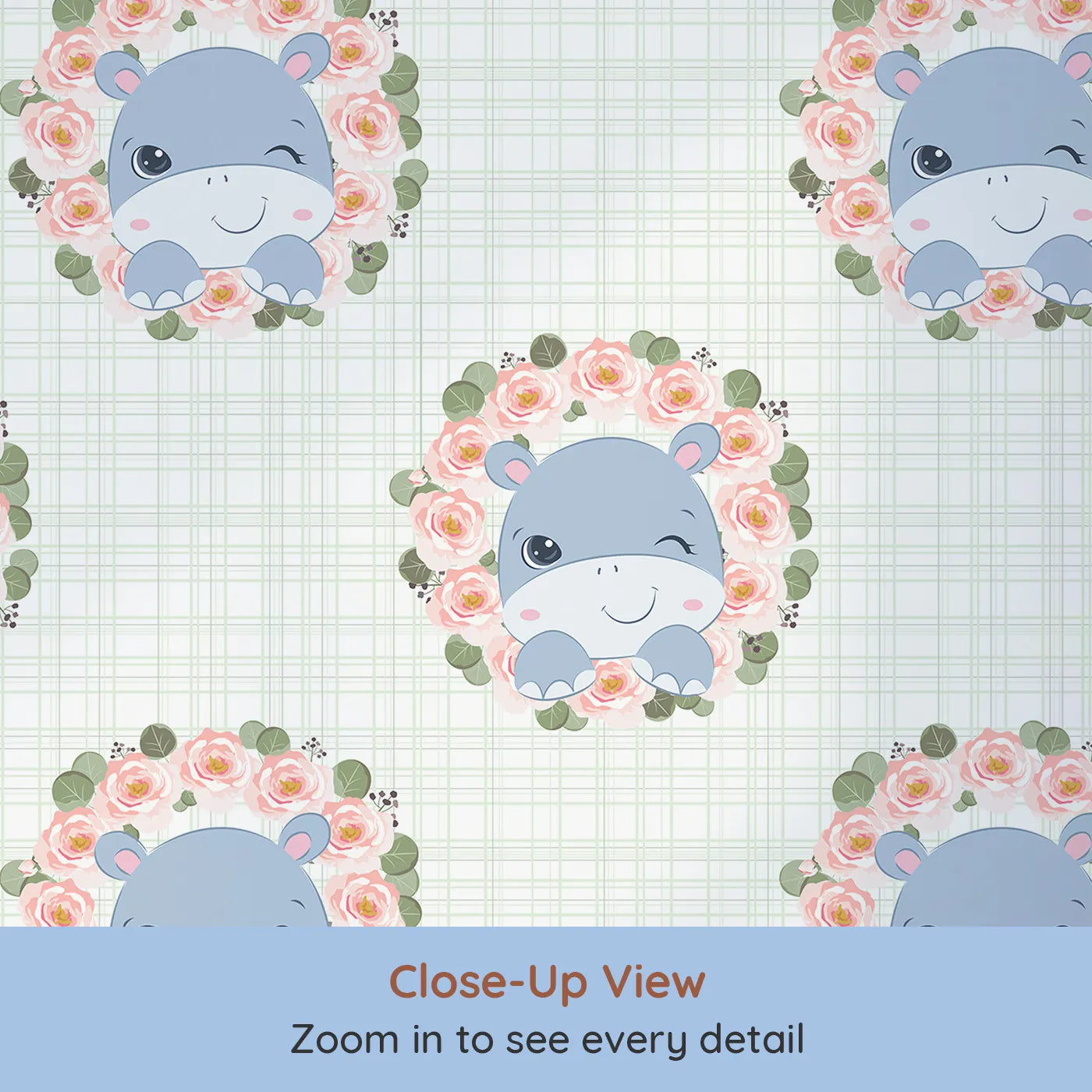 Close-up view of Whimsy Tots' Blossom Hippo Winks Wallpaper in Mint Plaid Green (W3103C).Blue hippos and rosy florals bloom over soft green plaid.