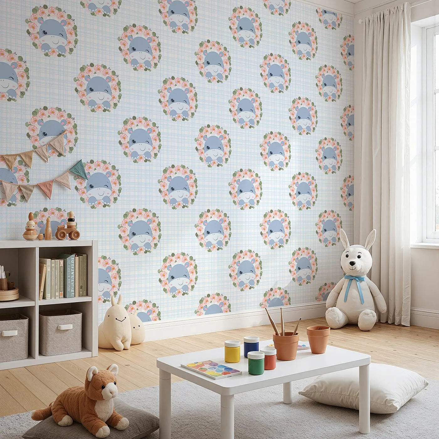 Angled view of Whimsy Tots' Blossom Hippo Winks Wallpaper in Sky Plaid (W3103D).A cheerful hippo peeks through rosey blooms on a sky-blue plaid.