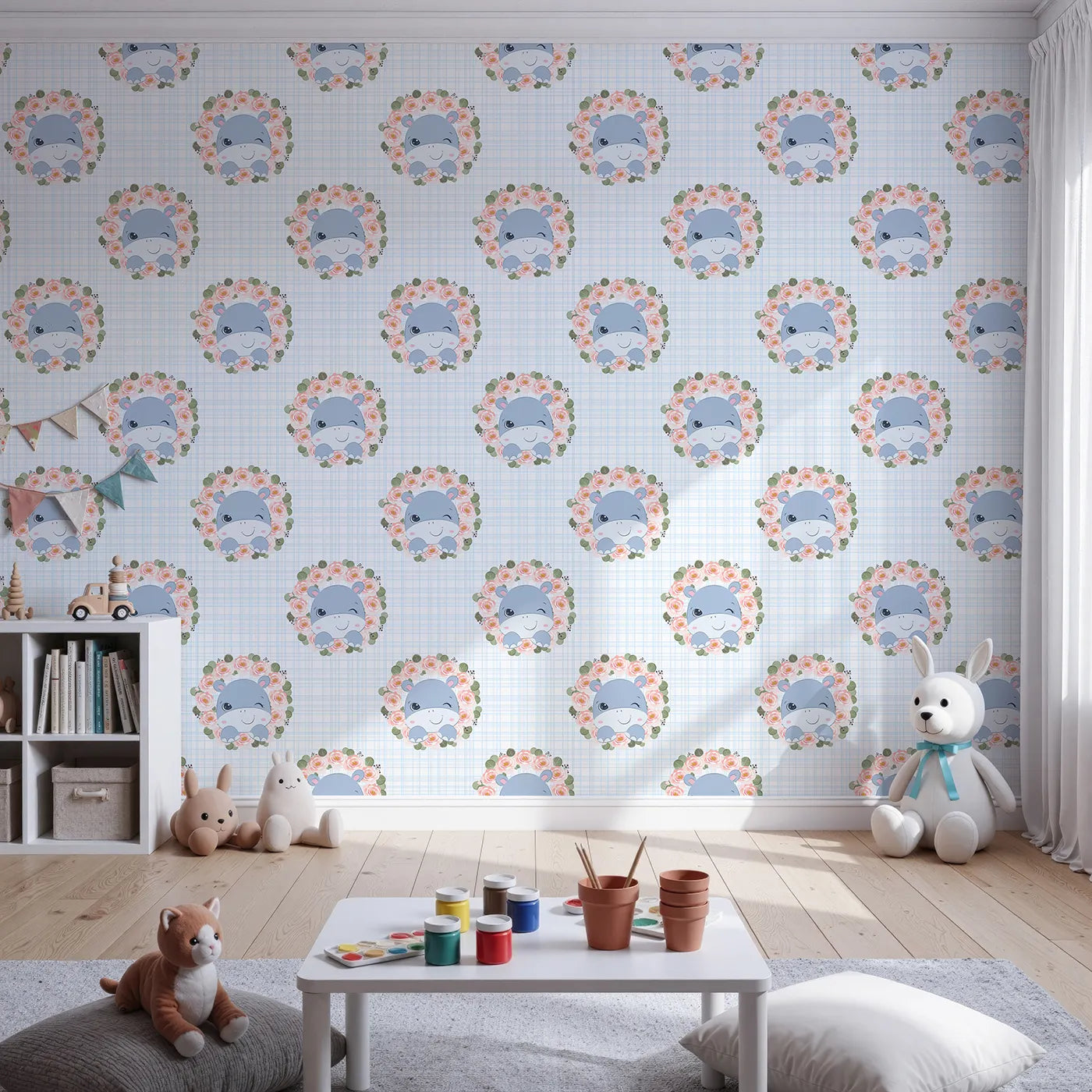 Front view of Whimsy Tots' Blossom Hippo Winks Wallpaper in Sky Plaid