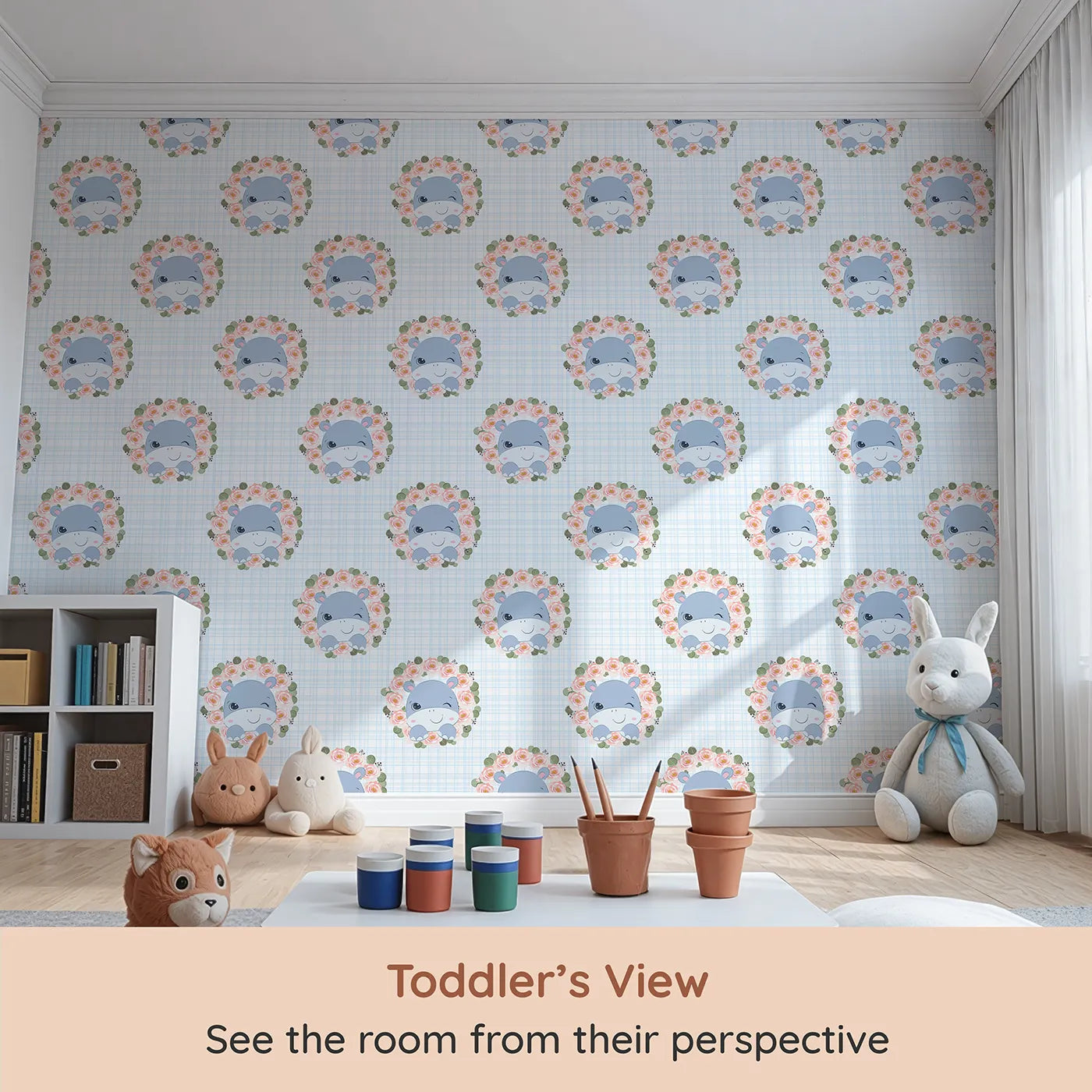 Whimsy Tots Blossom Hippo Winks Wallpaper in Sky Plaid (W3103D) from your child's view.A cheerful hippo peeks through rosey blooms on a sky-blue plaid.