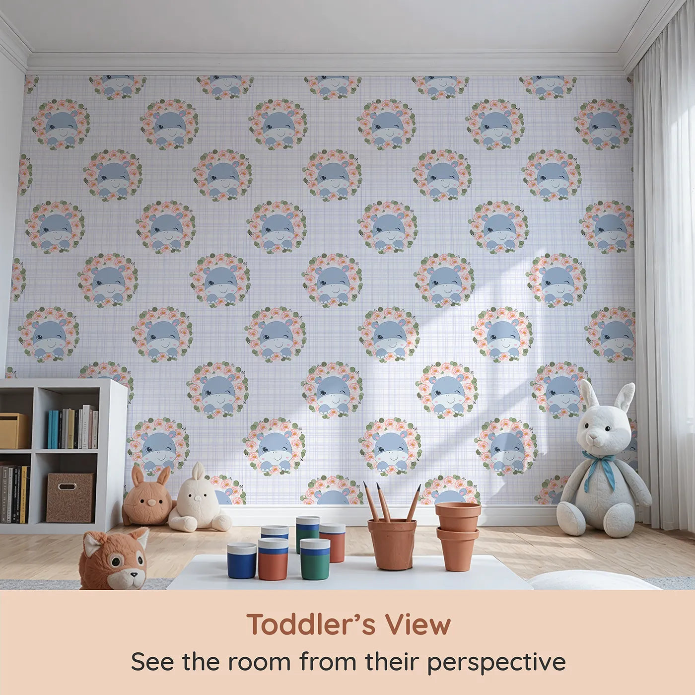Whimsy Tots Blossom Hippo Winks Wallpaper in Lavender Plaid (W3103E) from your child's view.A rosy-cheeked hippo winks among flowers on a lilac grid.