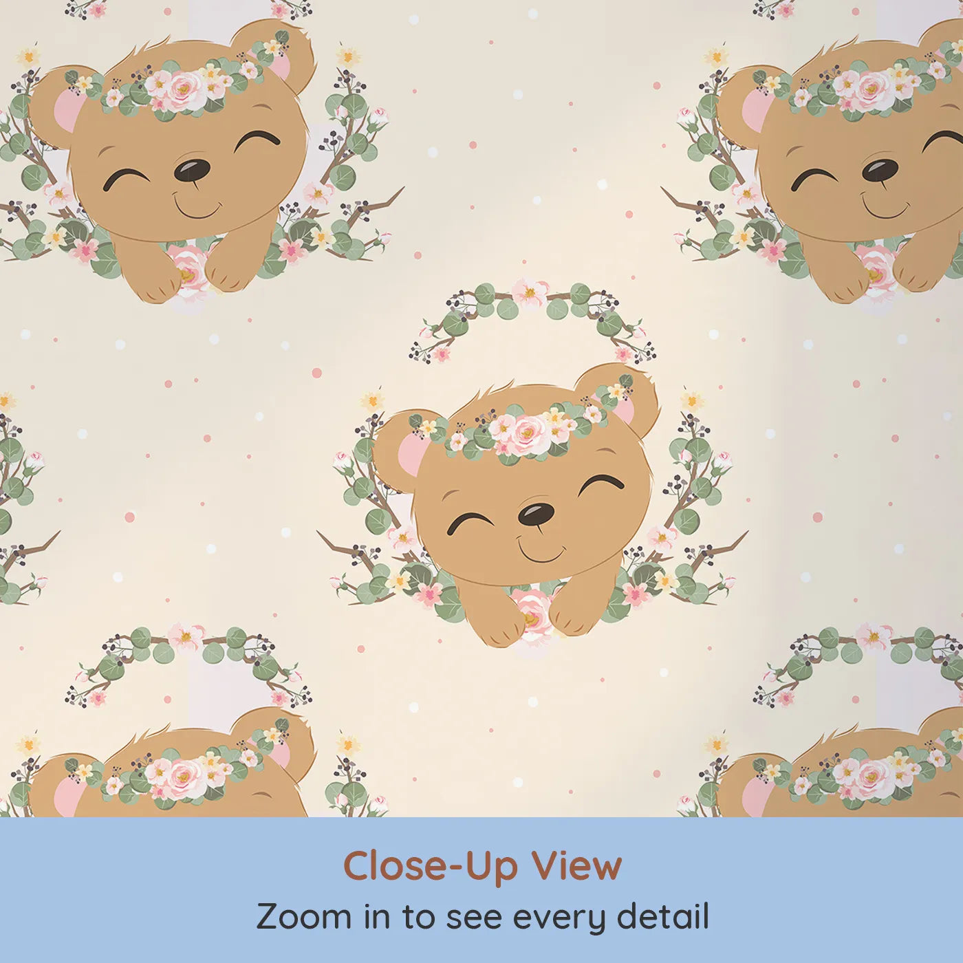 Close-up view of Whimsy Tots' Floral Bear Hugs Wallpaper in Soft Cream (W3104B).Floral-crowned cubs and leafy sprigs bring natureโs charm inside.
