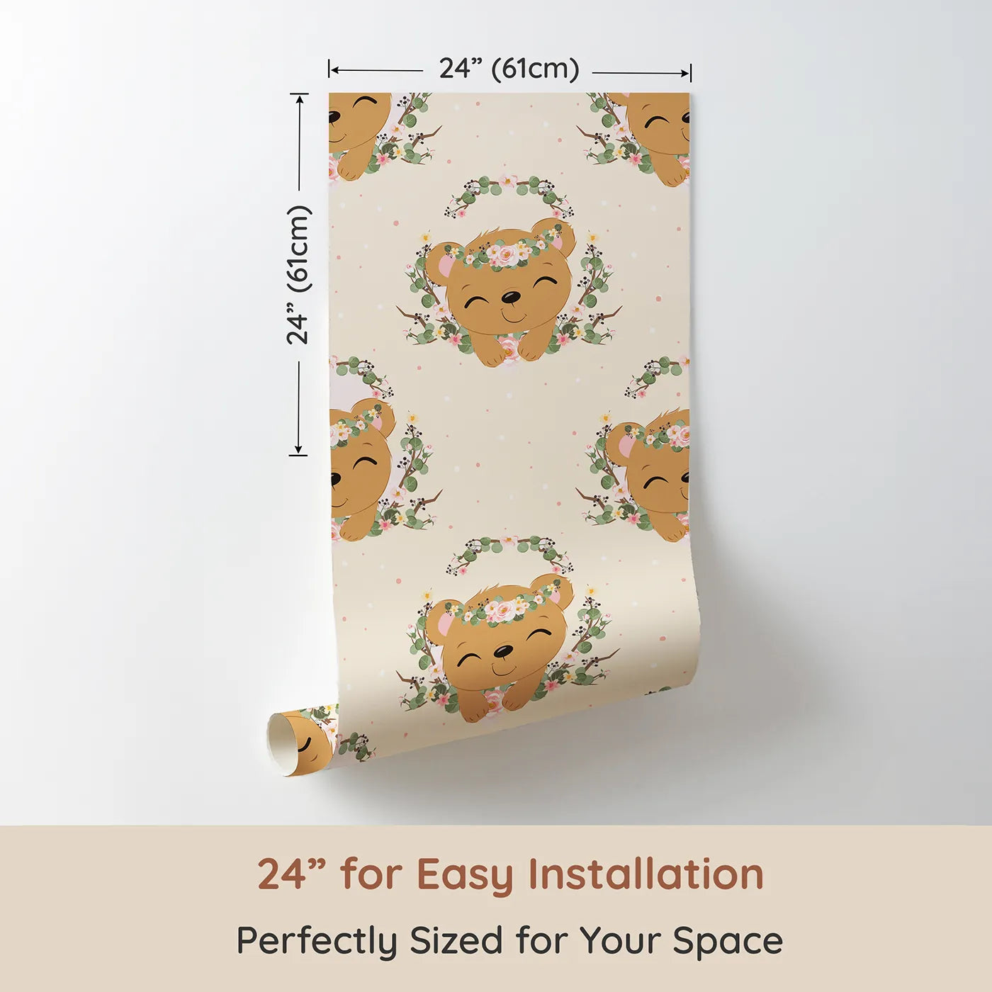 Dimension view of Whimsy Tots Floral Bear Hugs Wallpaper in Soft Cream (W3104B). Printed in 24-inch-wide panel for easy installation. Floral-crowned cubs and leafy sprigs bring natureโs charm inside.