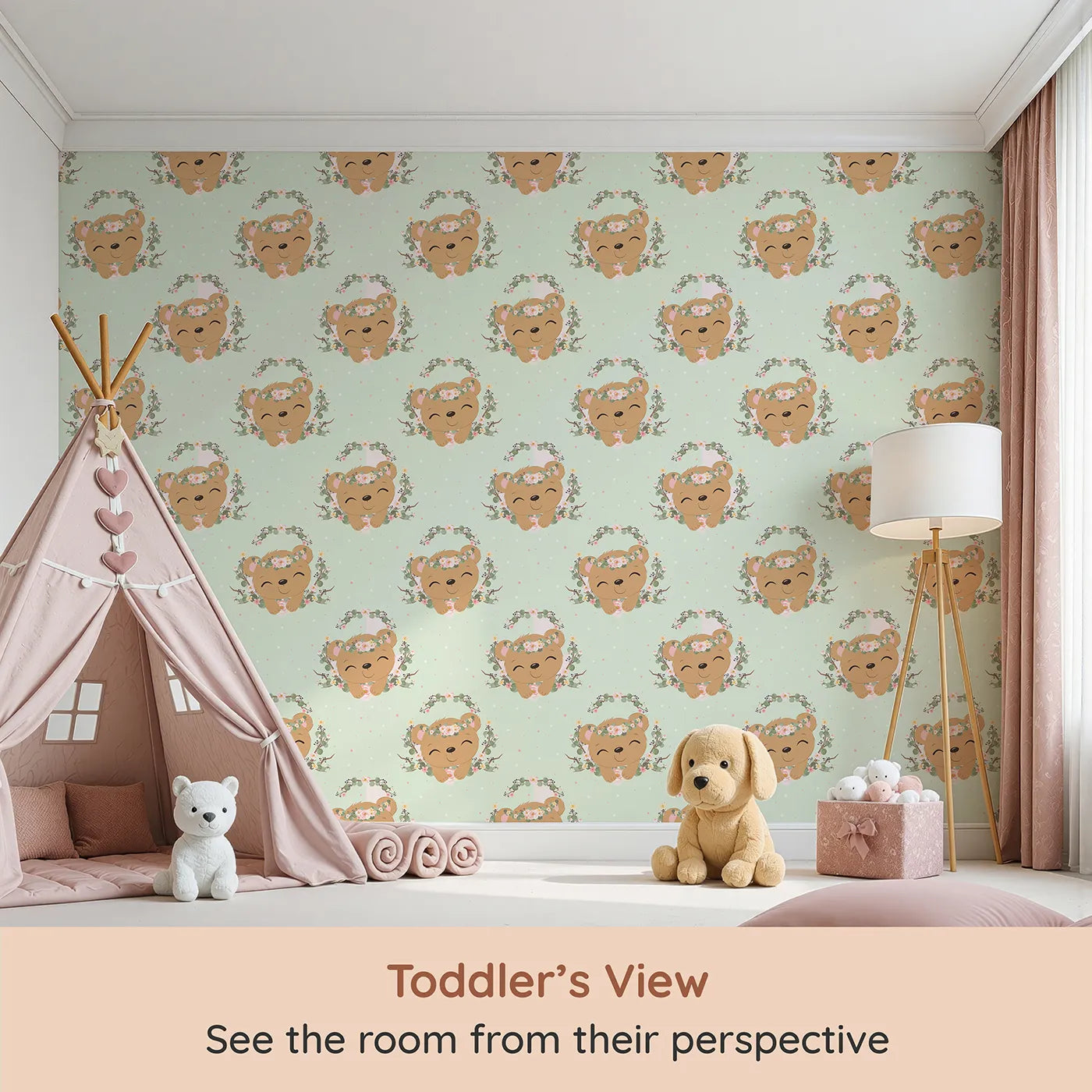 Whimsy Tots Floral Bear Hugs Wallpaper in Mint Green (W3104C) from your child's view.Blossom-crowned bears and leafy vines play over a soft minty sky.