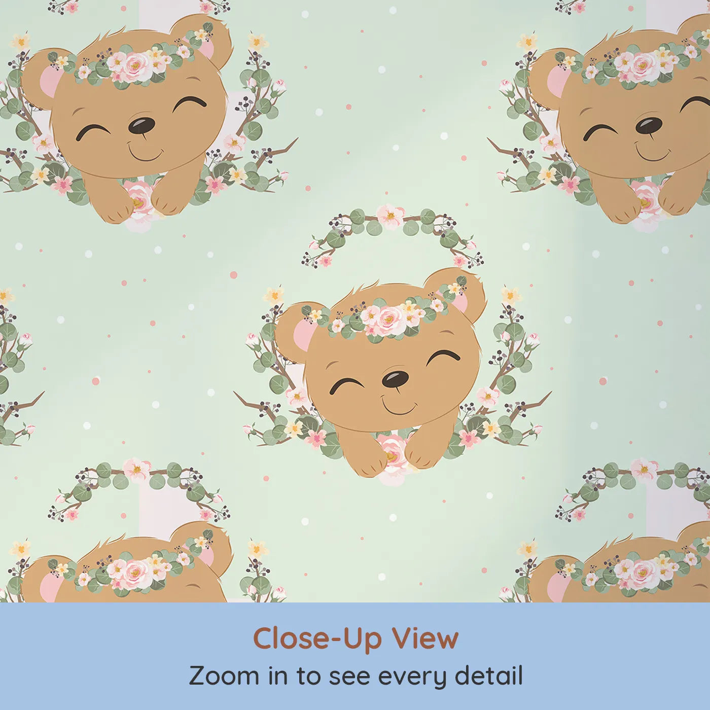 Close-up view of Whimsy Tots' Floral Bear Hugs Wallpaper in Mint Green (W3104C).Blossom-crowned bears and leafy vines play over a soft minty sky.