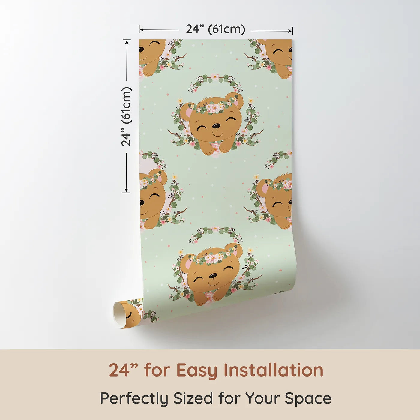 Dimension view of Whimsy Tots Floral Bear Hugs Wallpaper in Mint Green (W3104C). Printed in 24-inch-wide panel for easy installation. Blossom-crowned bears and leafy vines play over a soft minty sky.