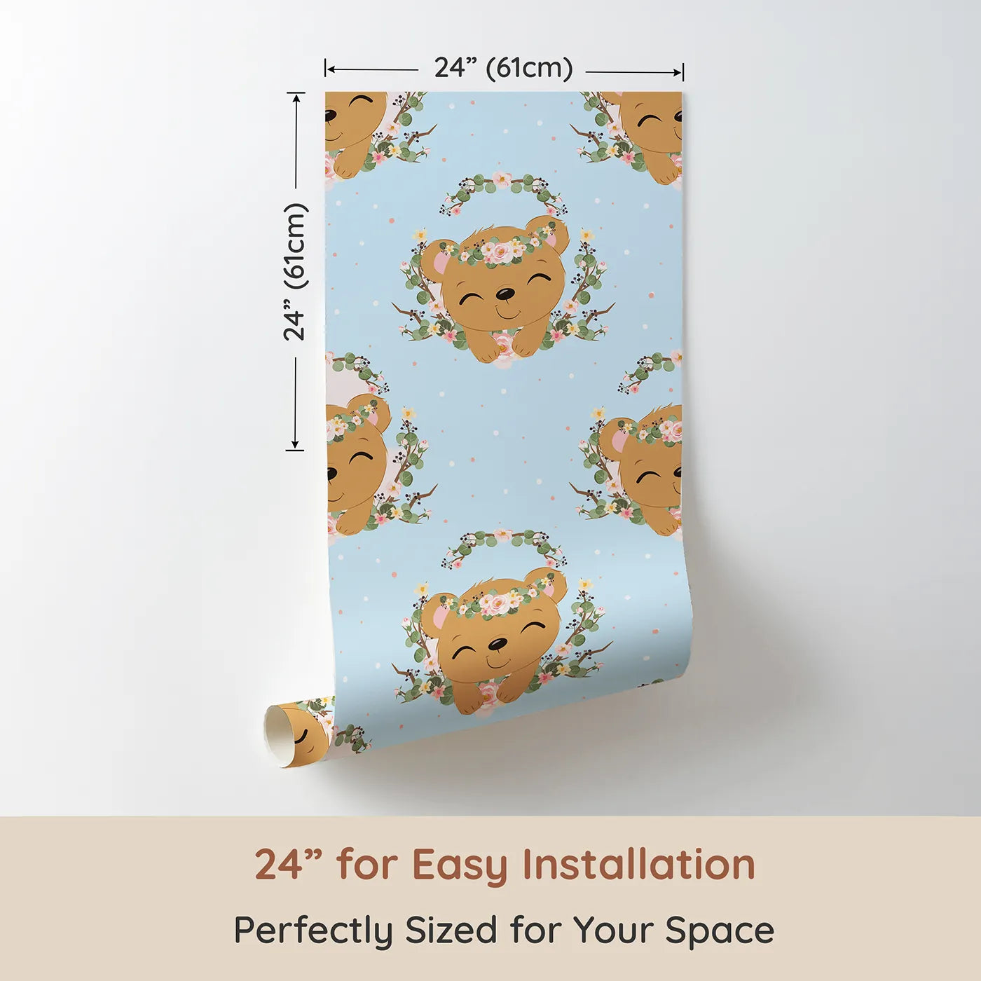 Dimension view of Whimsy Tots Floral Bear Hugs Wallpaper in Sky Blue (W3104D). Printed in 24-inch-wide panel for easy installation. Smiling bears and dainty blossoms float across a soft sky.