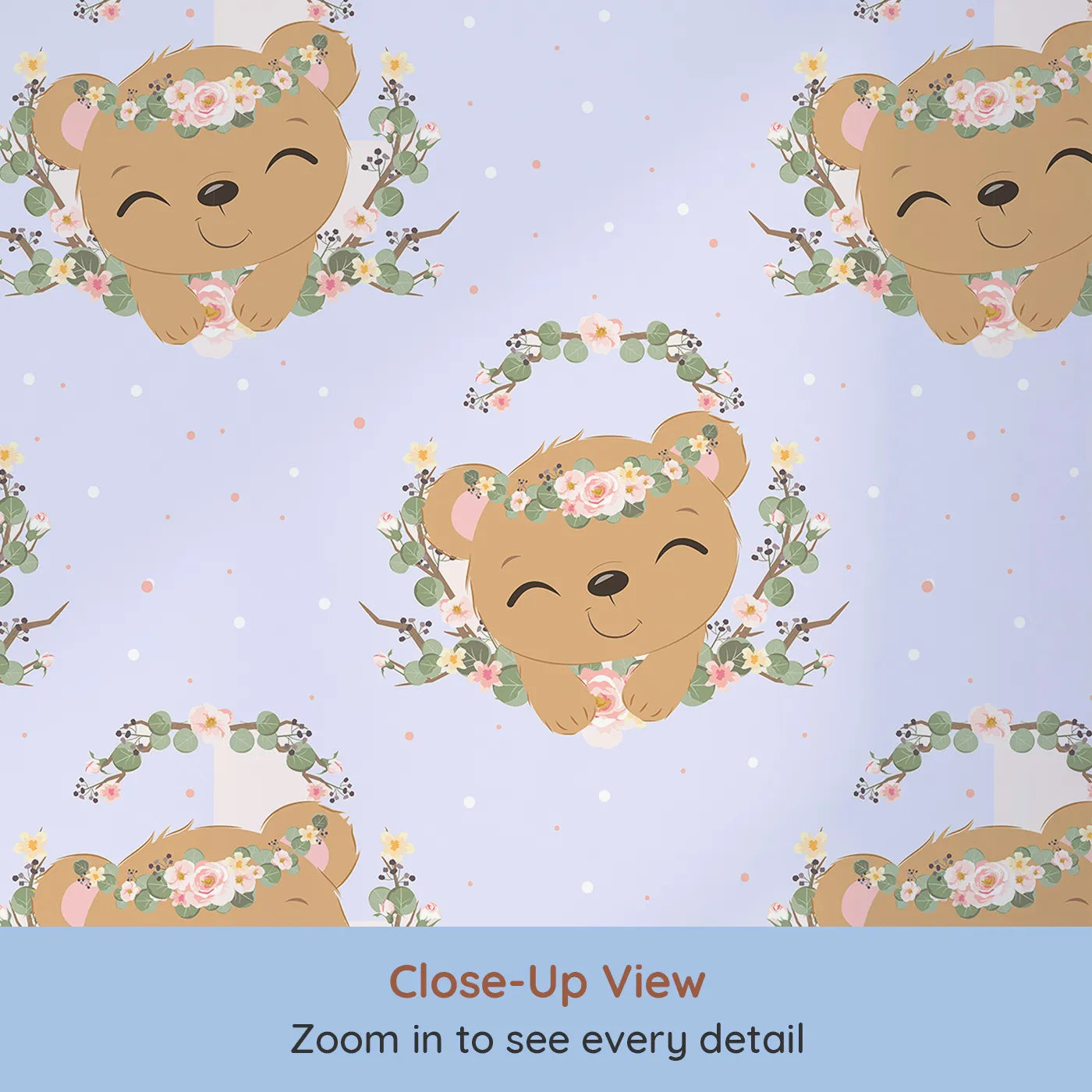 Close-up view of Whimsy Tots' Floral Bear Hugs Wallpaper in Lavender Mist (W3104E).Lavender skies and smiling cubs bring softness and light to their world.
