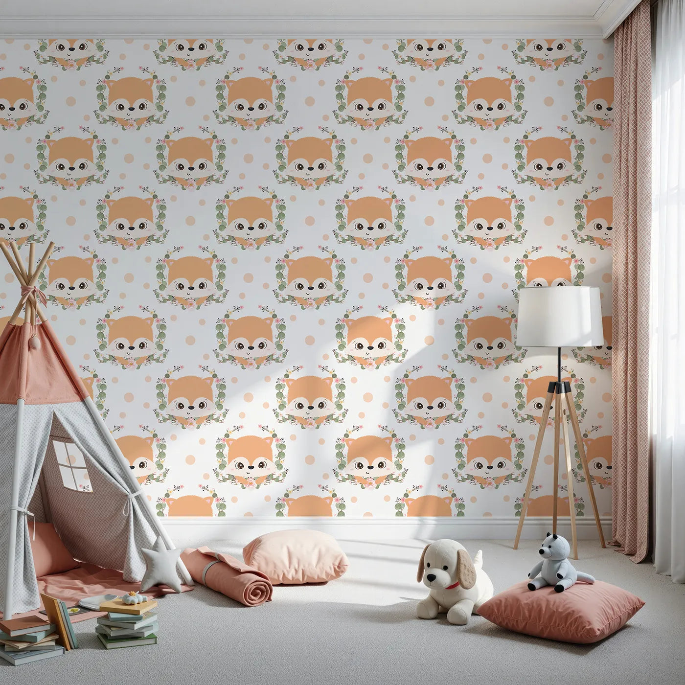 Front view of Whimsy Tots' Floral Fox Peek Wallpaper in Soft Peach