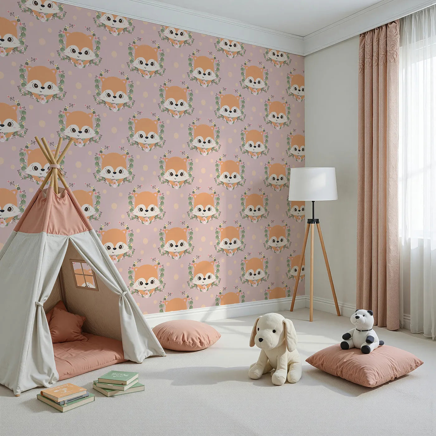 Angled view of Whimsy Tots' Floral Fox Peek Wallpaper in Rosewood Blush Pink (W3105B).Gentle florals and bright eyes create a cozy world of pinky charm.