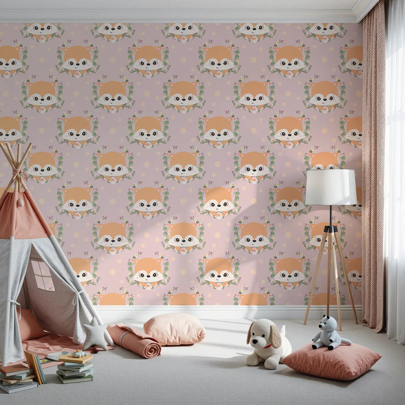 Front view of Whimsy Tots' Floral Fox Peek Wallpaper in Rosewood Blush Pink