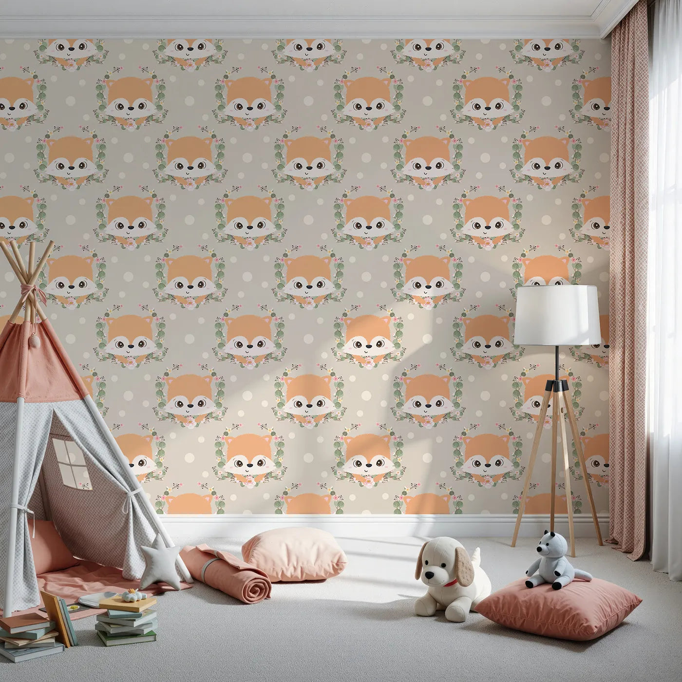 Front view of Whimsy Tots' Floral Fox Peek Wallpaper in Mushroom Taupe Beige