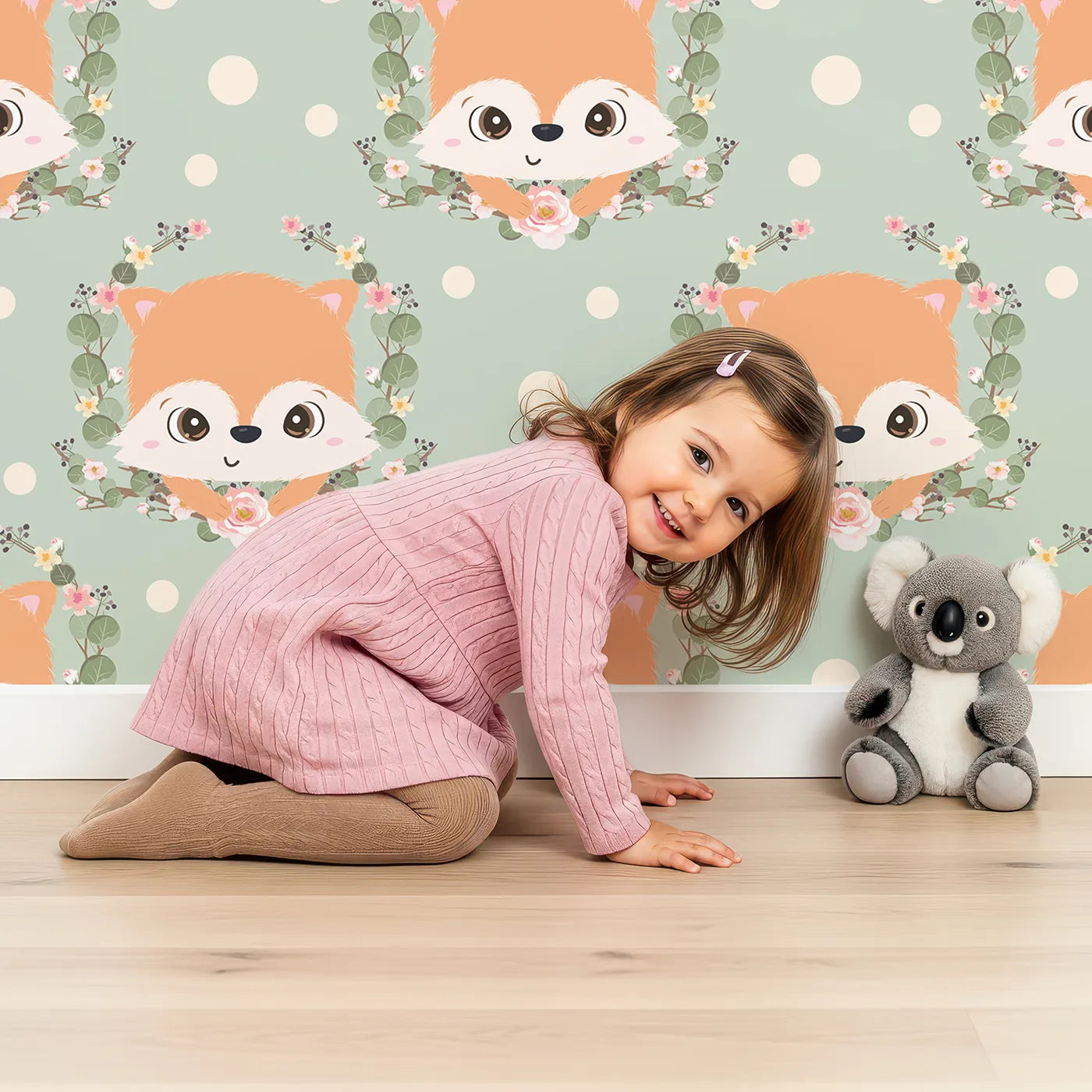 Lovely child standing in front of Whimsy Tots Floral Fox Peek Wallpaper in Sage Green with fox, flower, crown, leaf, polka in design.