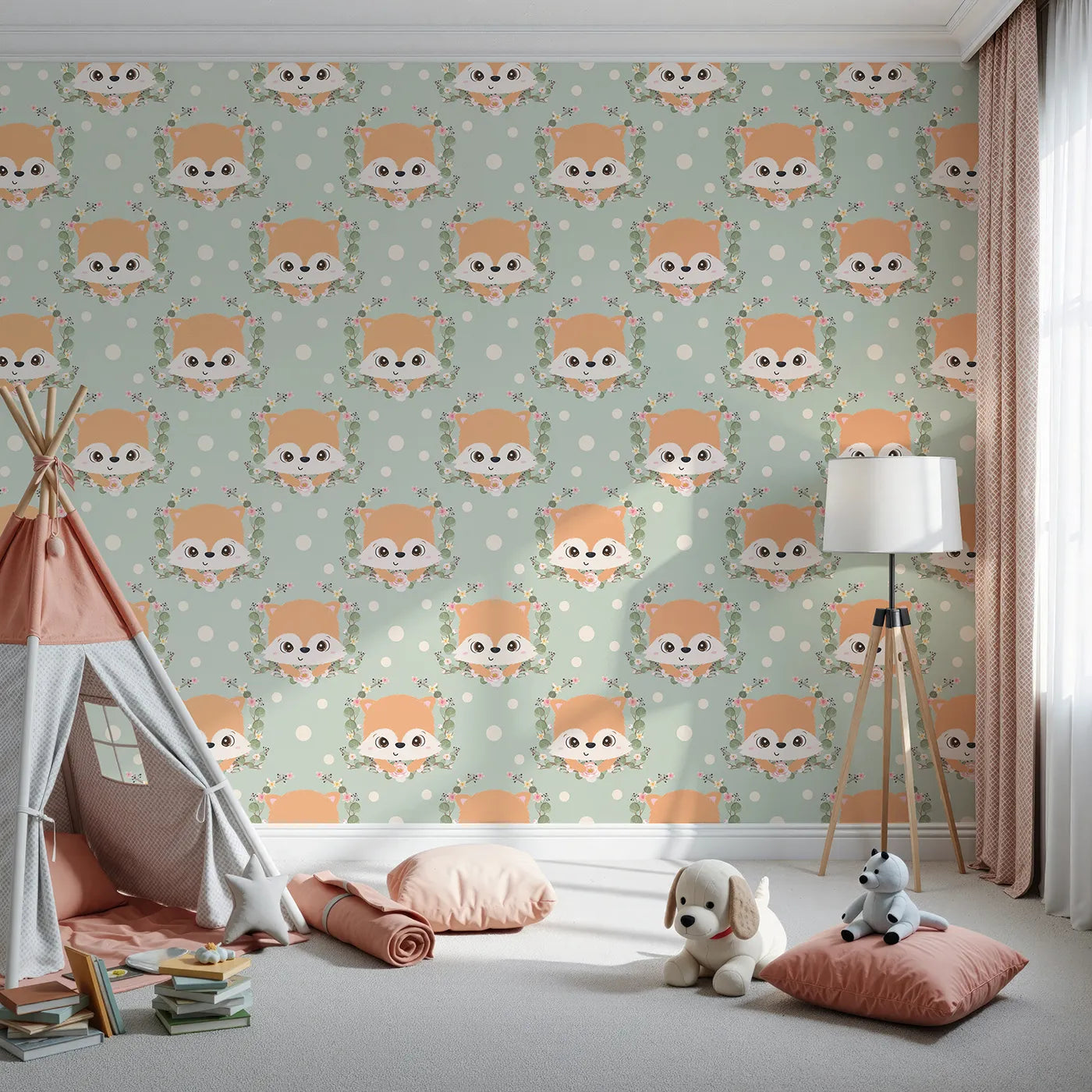 Front view of Whimsy Tots' Floral Fox Peek Wallpaper in Sage Green