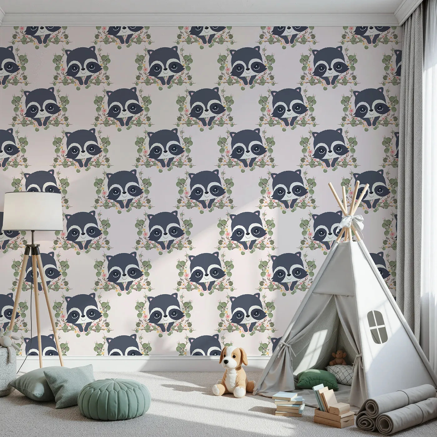 Front view of Whimsy Tots' Floral Raccoon Peek Wallpaper in Soft Blush Pink