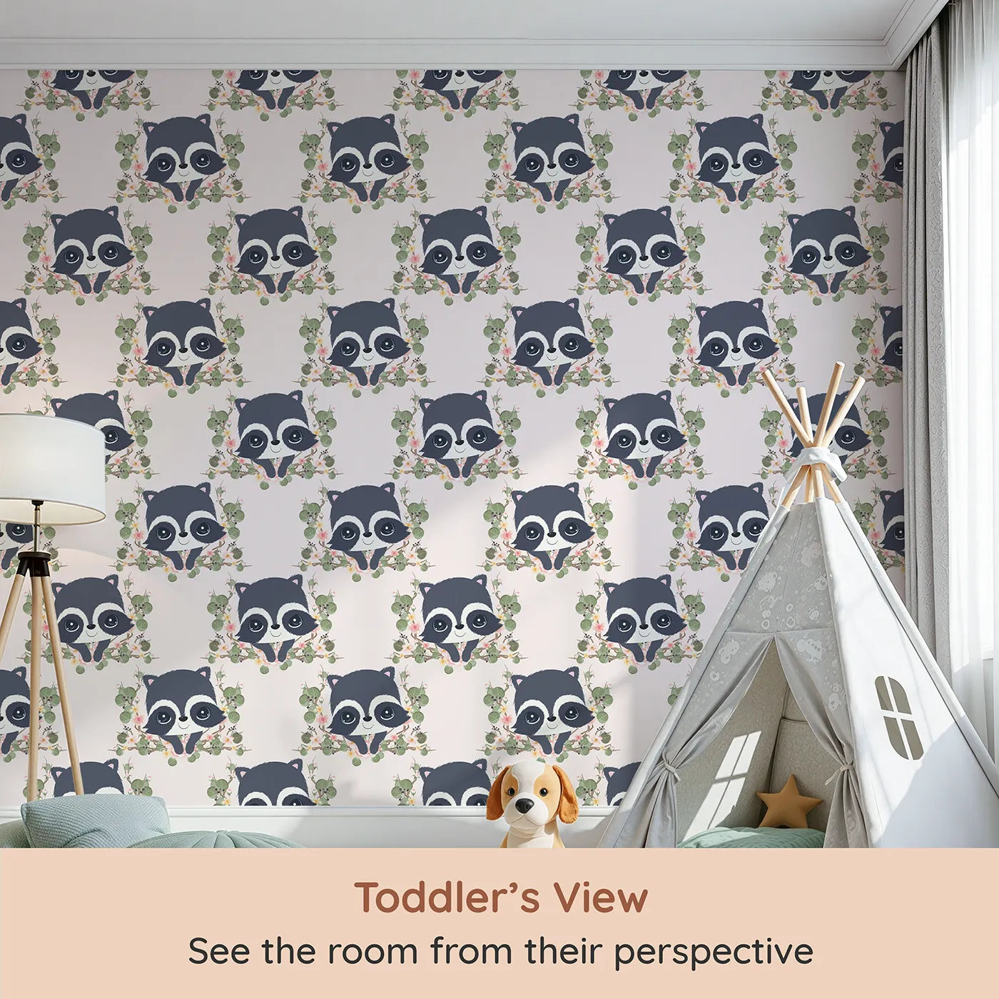 Whimsy Tots Floral Raccoon Peek Wallpaper in Soft Blush Pink (W3106A) from your child's view.Sweet raccoons peek through soft florals and leafy wreaths in pastel pink charm.