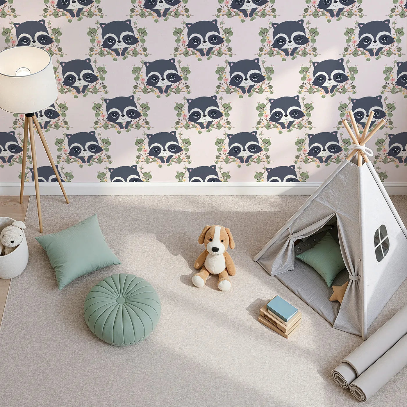 Top-Down view of Whimsy Tots' Floral Raccoon Peek Wallpaper in Soft Blush Pink (W3106A).Sweet raccoons peek through soft florals and leafy wreaths in pastel pink charm.