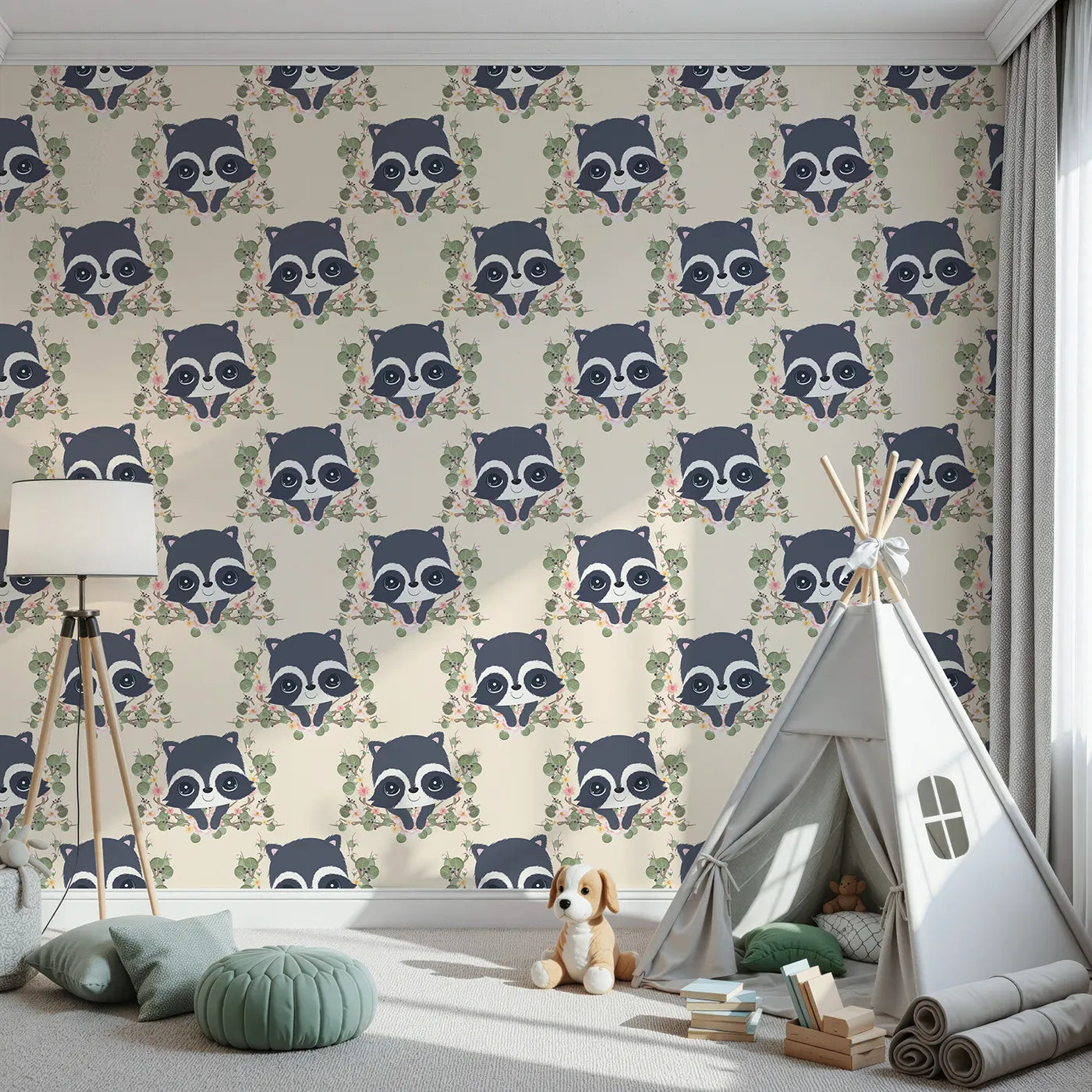 Front view of Whimsy Tots' Floral Raccoon Peek Wallpaper in Soft Cream
