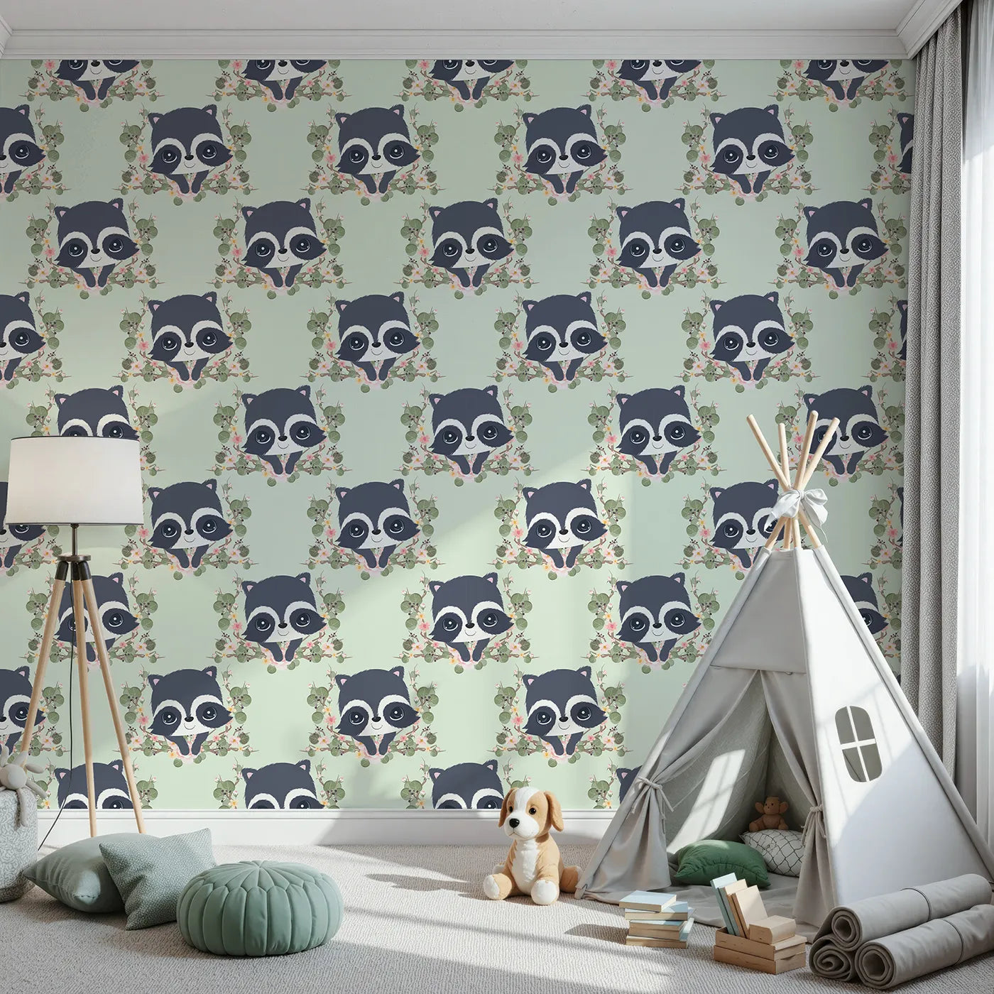 Front view of Whimsy Tots' Floral Raccoon Peek Wallpaper in Mint Green