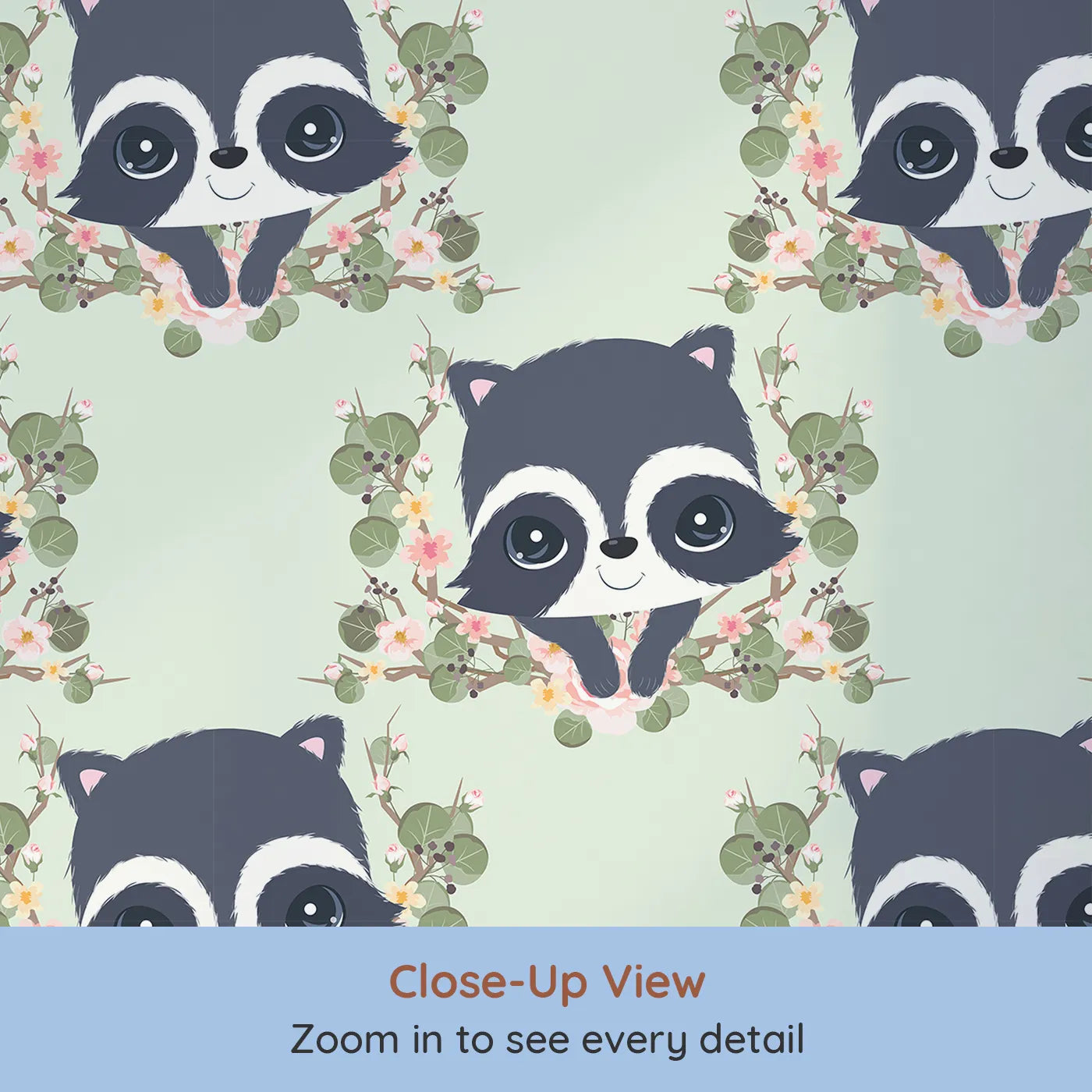 Close-up view of Whimsy Tots' Floral Raccoon Peek Wallpaper in Mint Green (W3106C).Peekaboo raccoons and leafy blooms dance across a soft minty green backdrop.