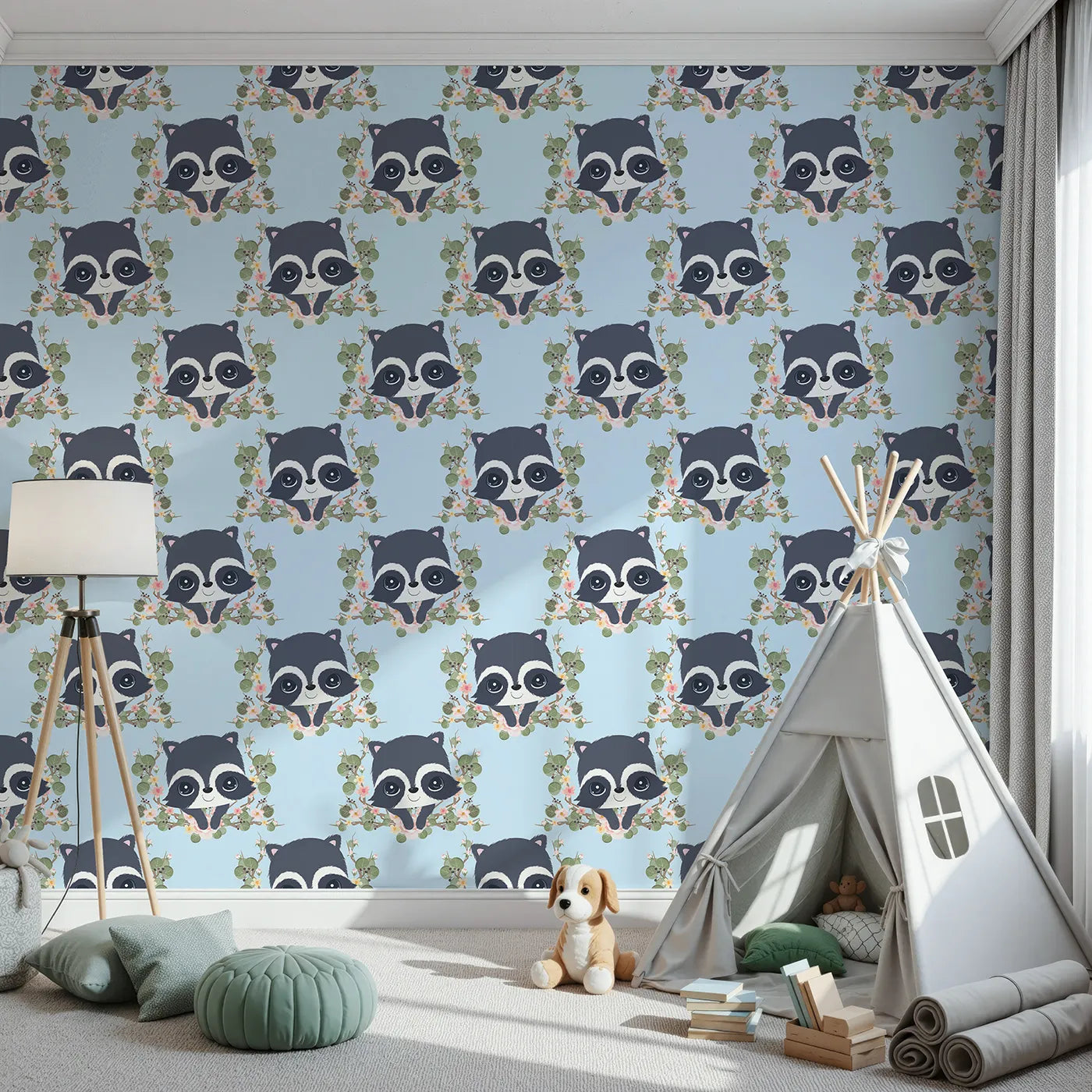 Front view of Whimsy Tots' Floral Raccoon Peek Wallpaper in Sky Blue