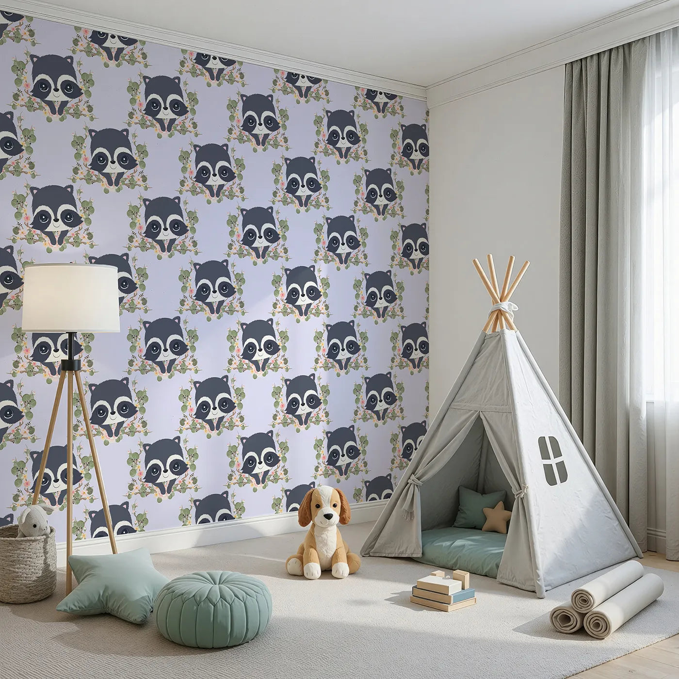 Angled view of Whimsy Tots' Floral Raccoon Peek Wallpaper in Lavender Mist (W3106E).Curious raccoons peek through lavender-toned blooms and leafy vines.
